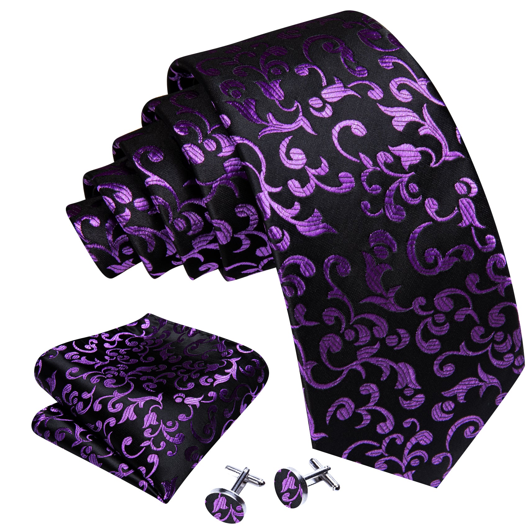 Black Purple Floral Silk Tie Handkerchief Cufflinks Set