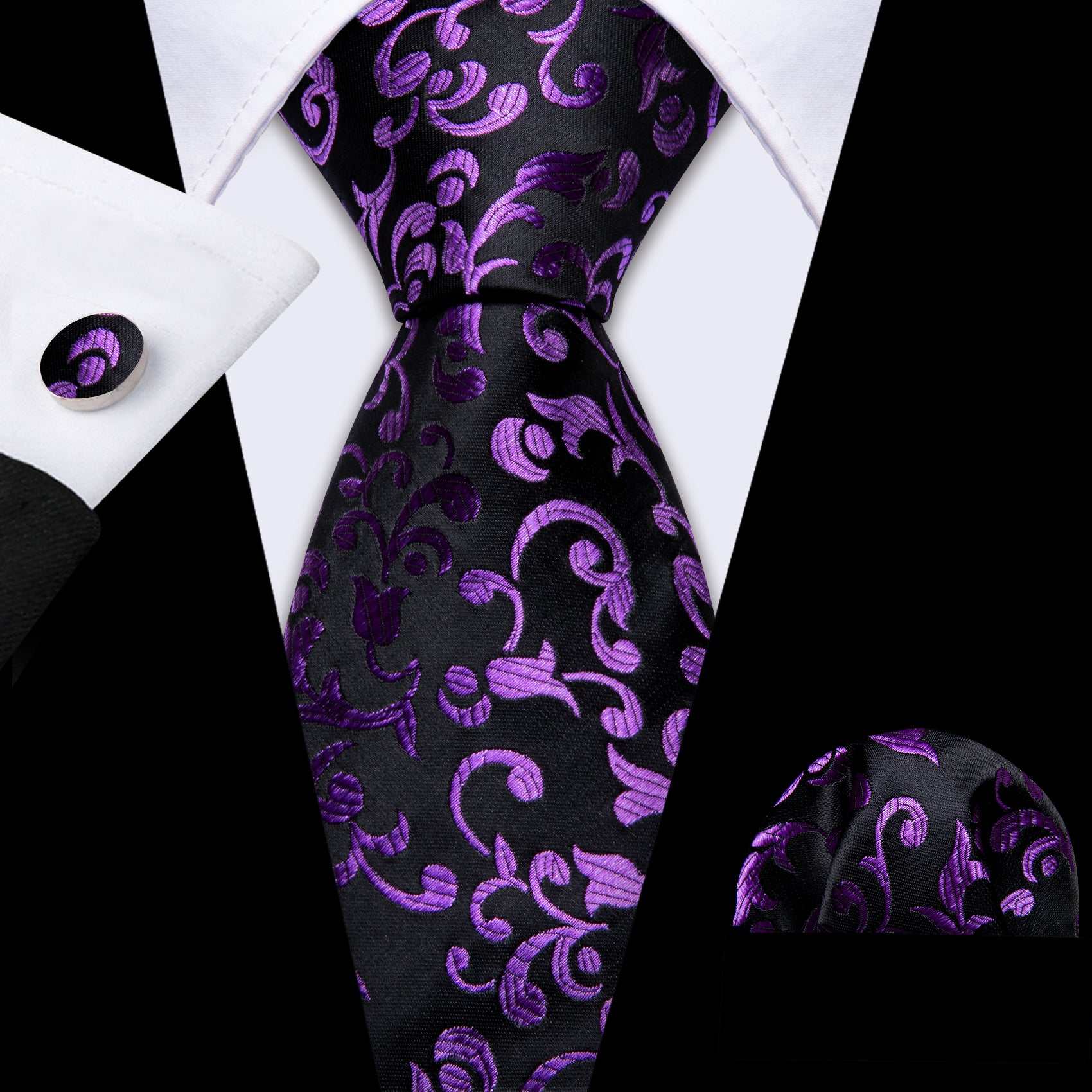 black purple jacquard floral tie and pocket square