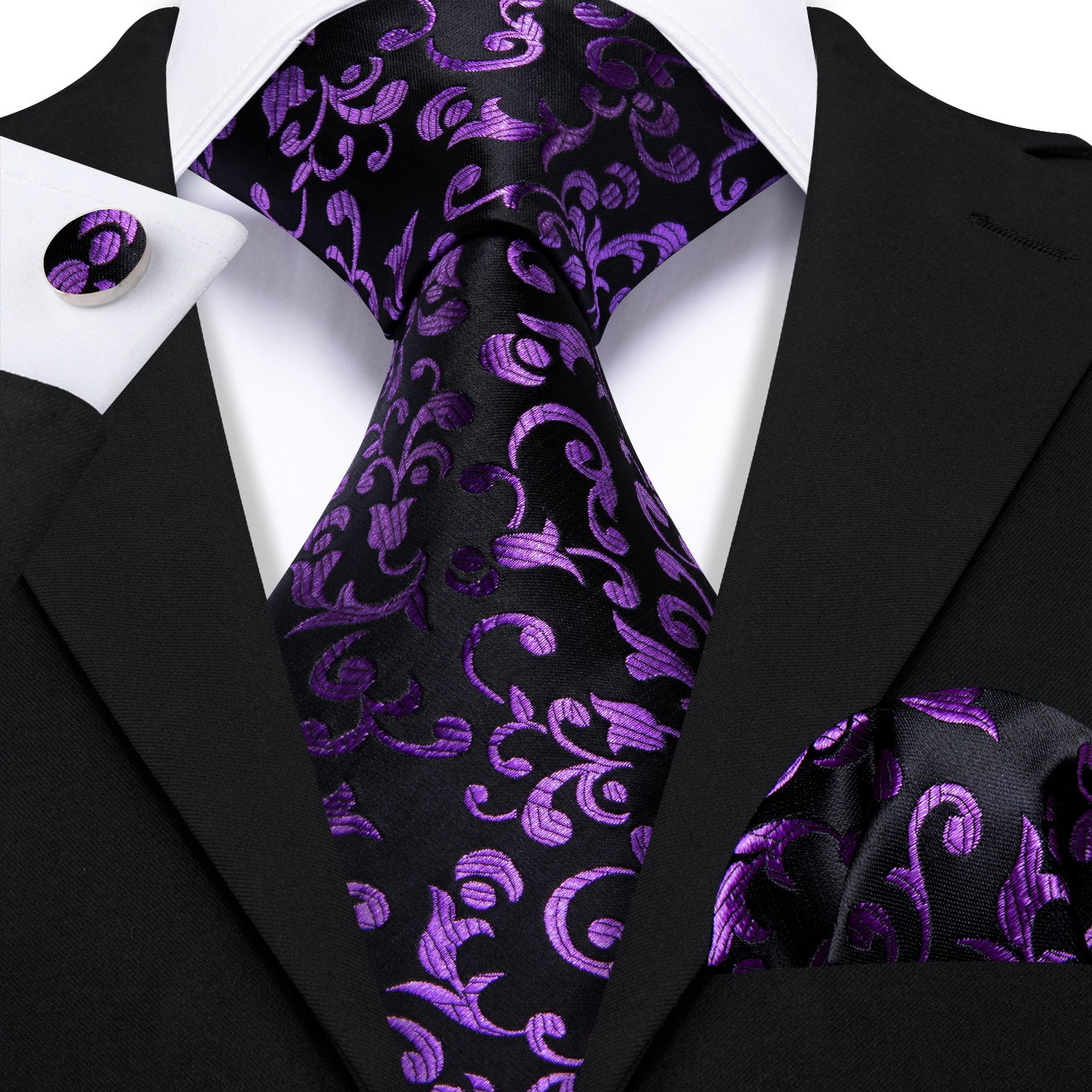 Black Purple Floral Silk Tie Handkerchief Cufflinks Set