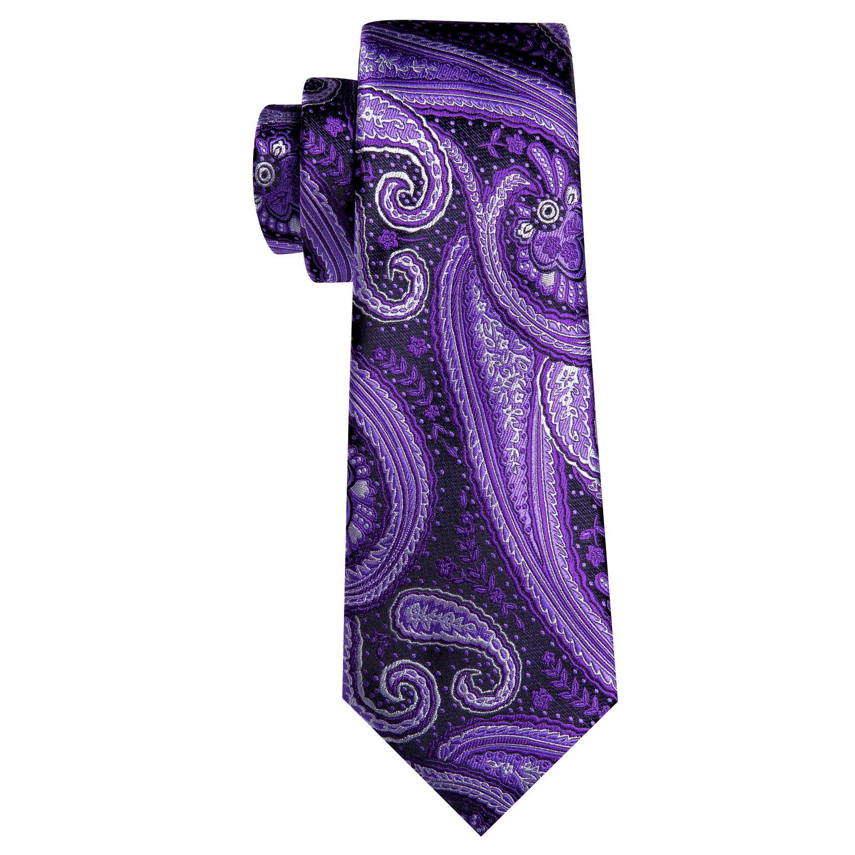 Purple White Paisley Silk Tie Handkerchief Cufflinks Set