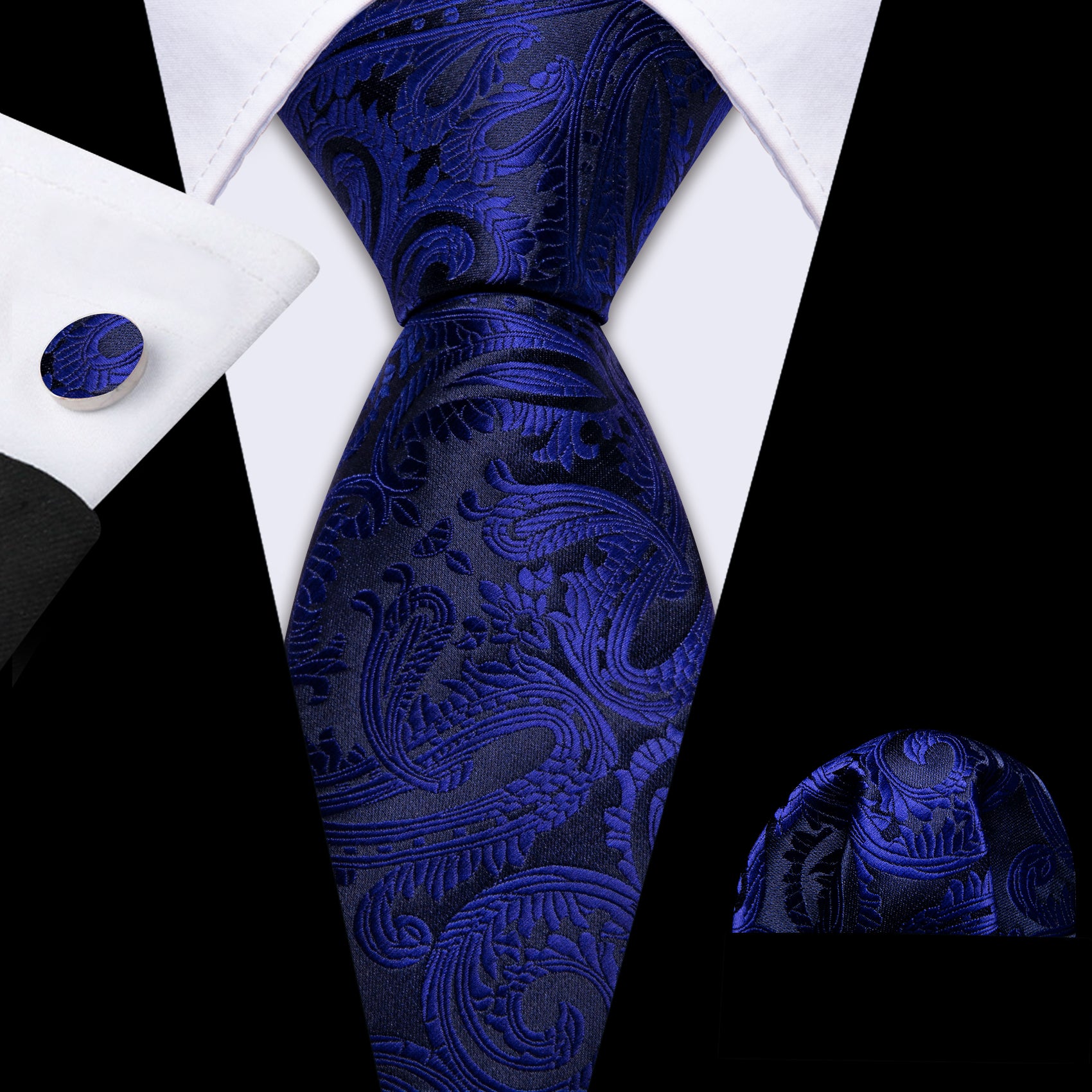 mens blue paisley necktie black suit with long sleeve windsor collar dress shirt 