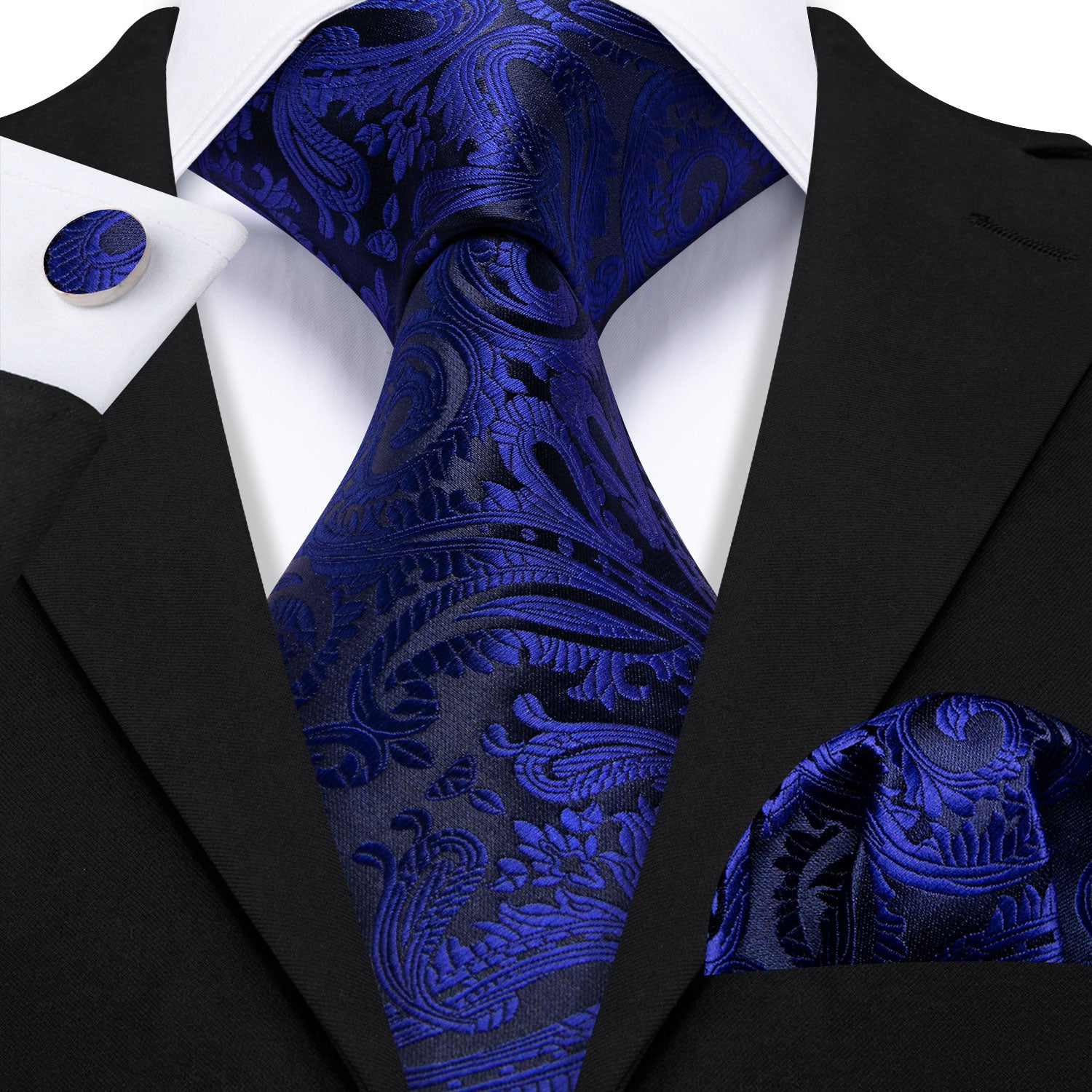 black suit black tie navy blue paisley necktie for men 