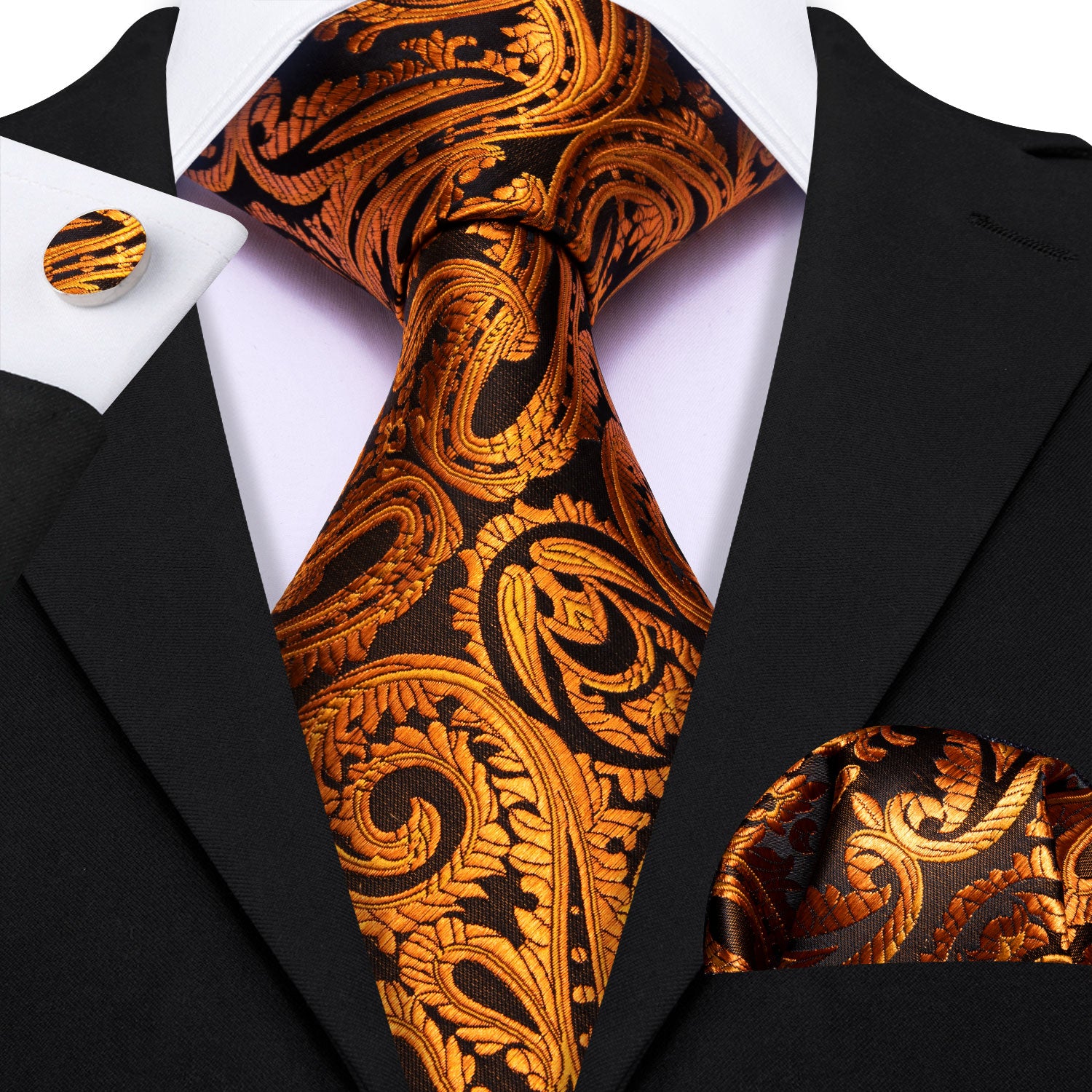 Brown Black Paisley Silk Tie Handkerchief Cufflinks Set