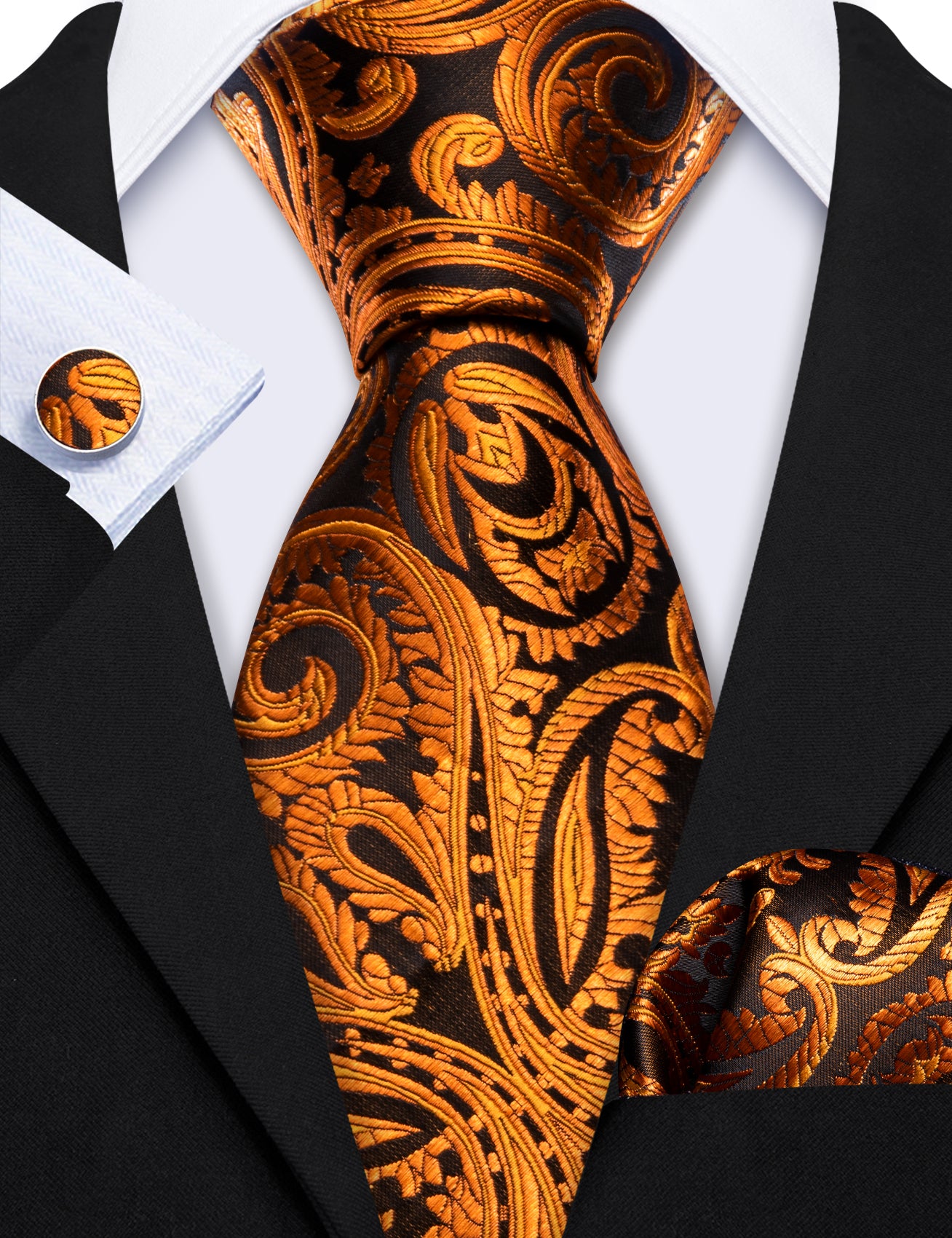 Brown Black Paisley Silk Tie Handkerchief Cufflinks Set