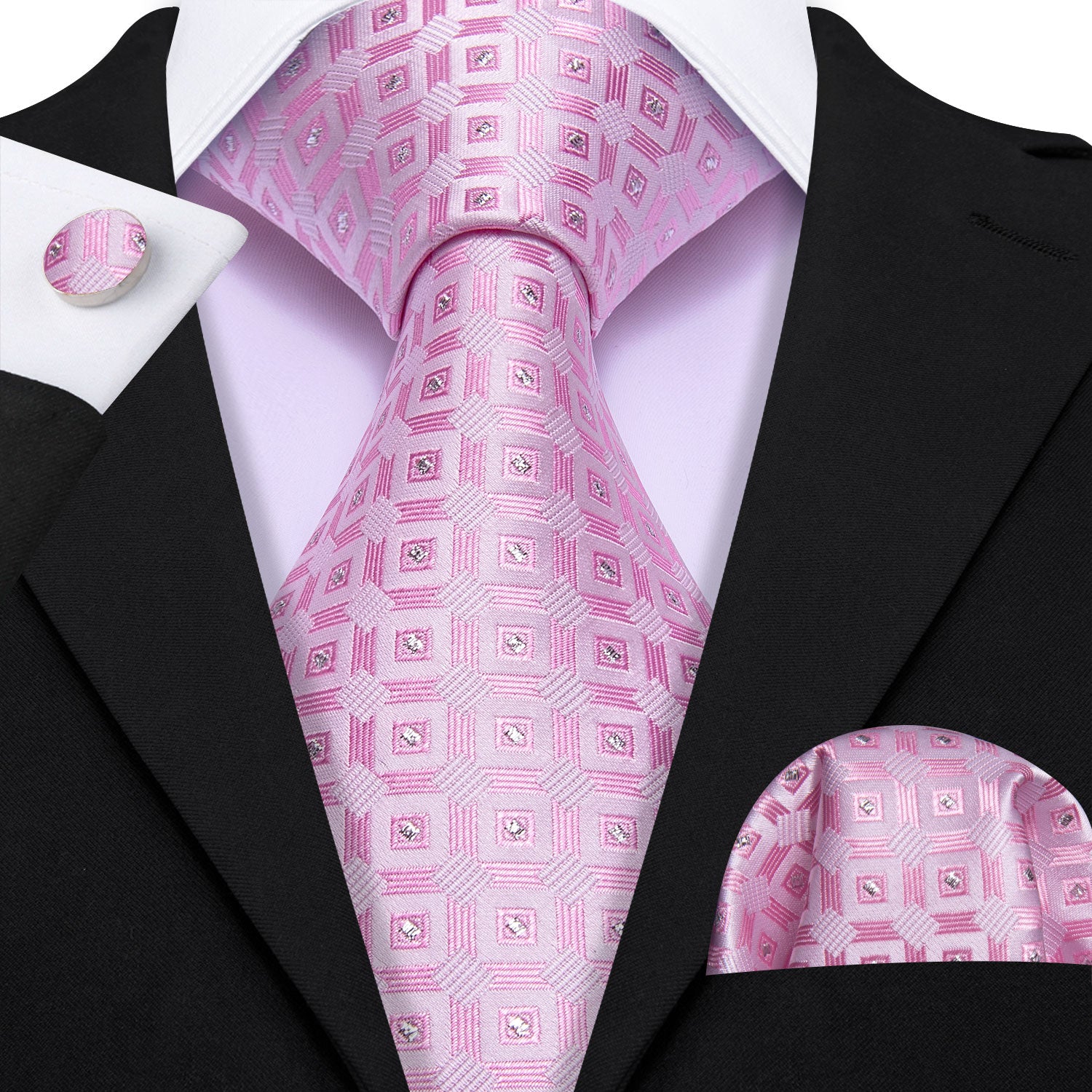 Novetly Pink Plaid Silk Tie Handkerchief Cufflinks Set