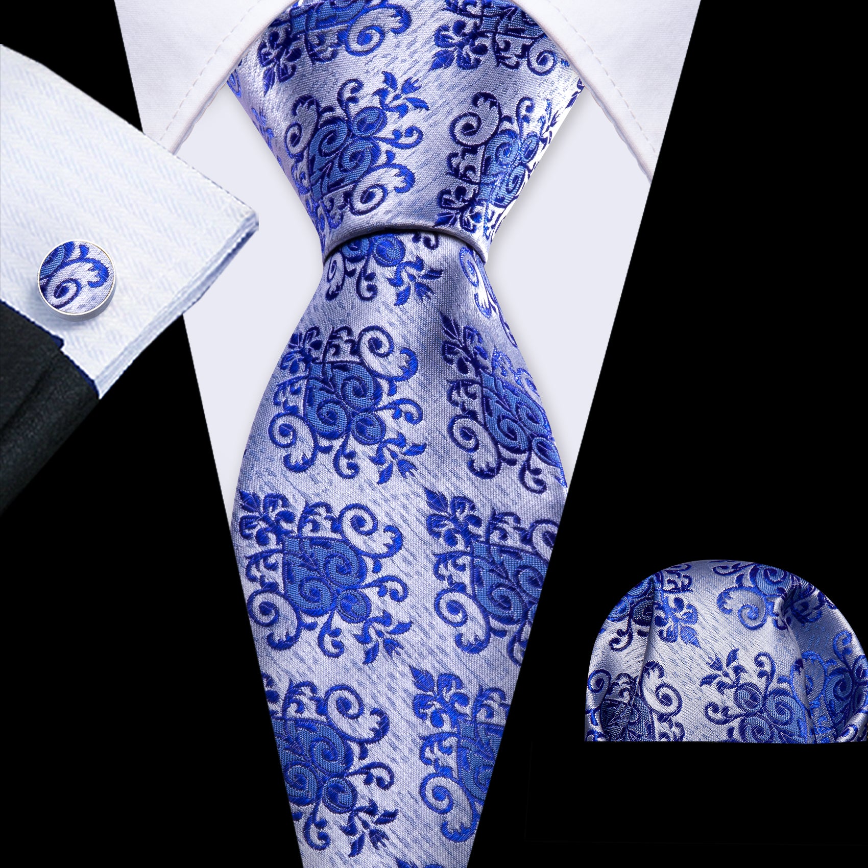 Blue Silver Floral Silk Tie Handkerchief Cufflinks Set
