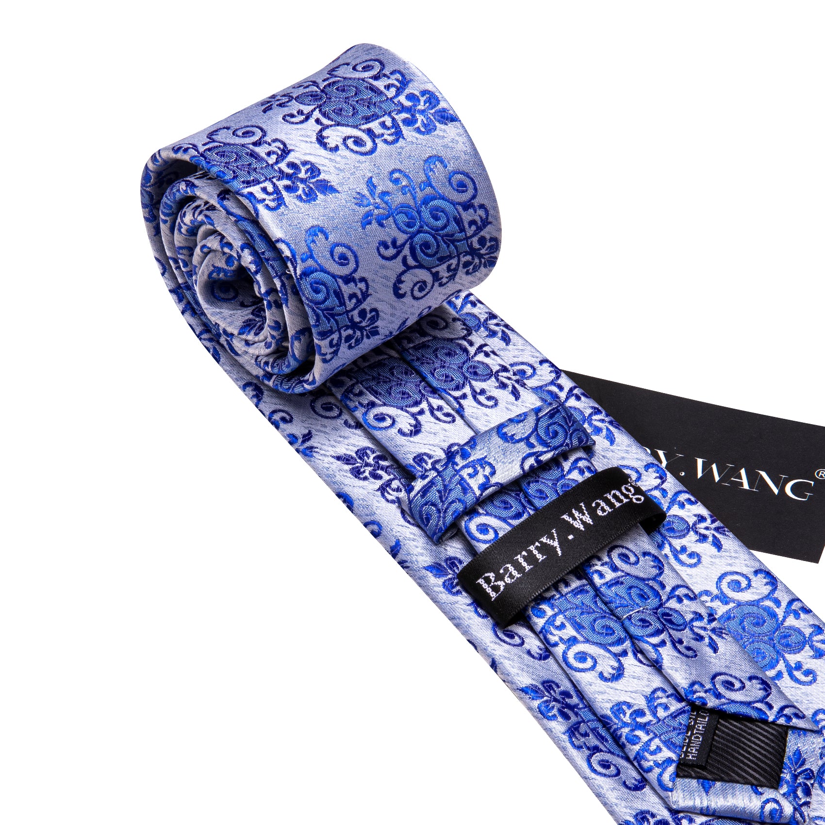 Blue Silver Floral Silk Tie Handkerchief Cufflinks Set