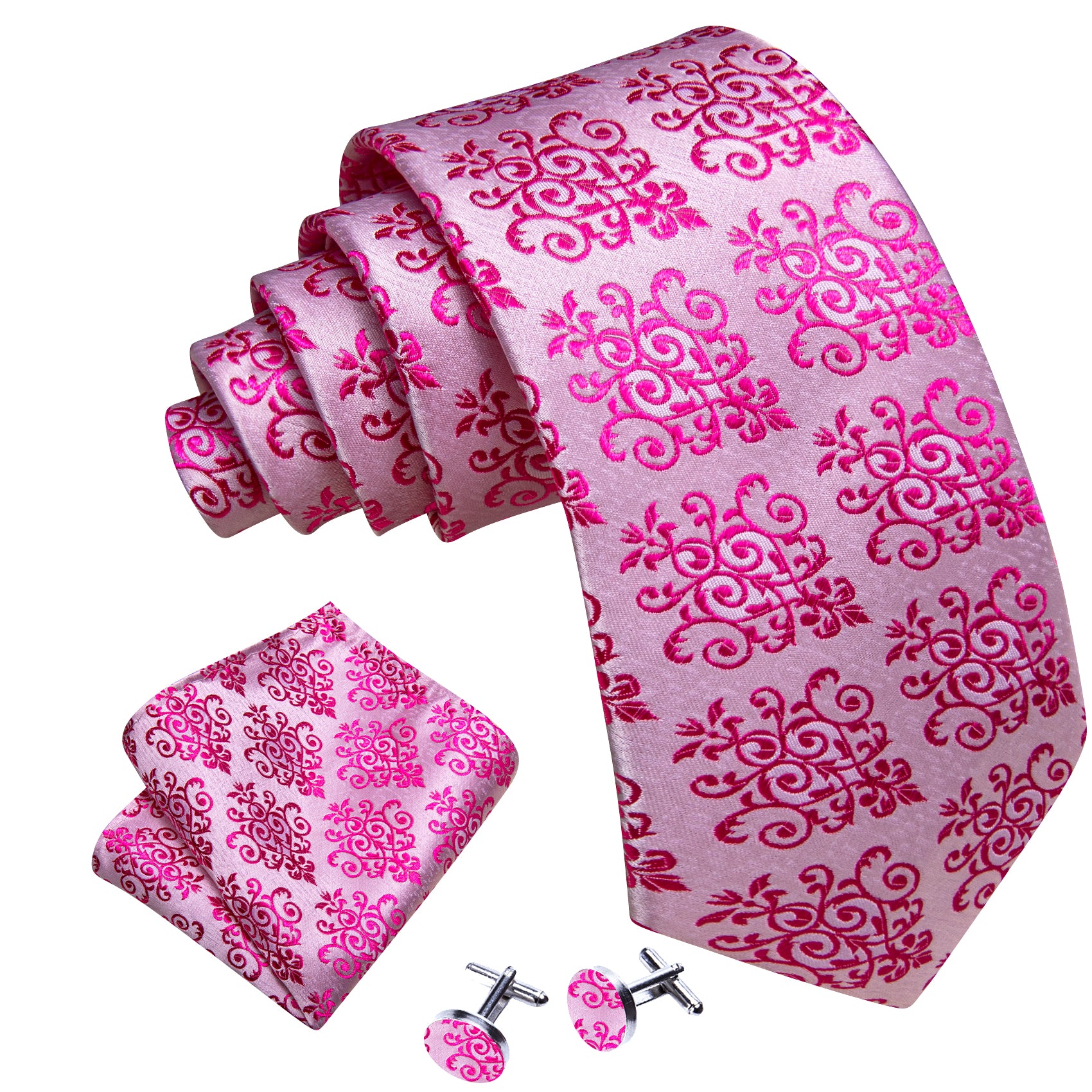 Red Violet Floral Silk Tie Handkerchief Cufflinks Set