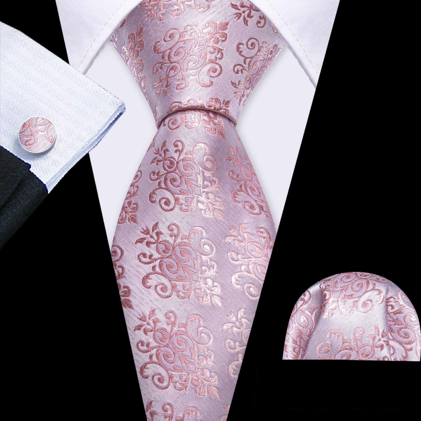 Languid Lavender Pink Floral Tie Handkerchief Cufflinks Set
