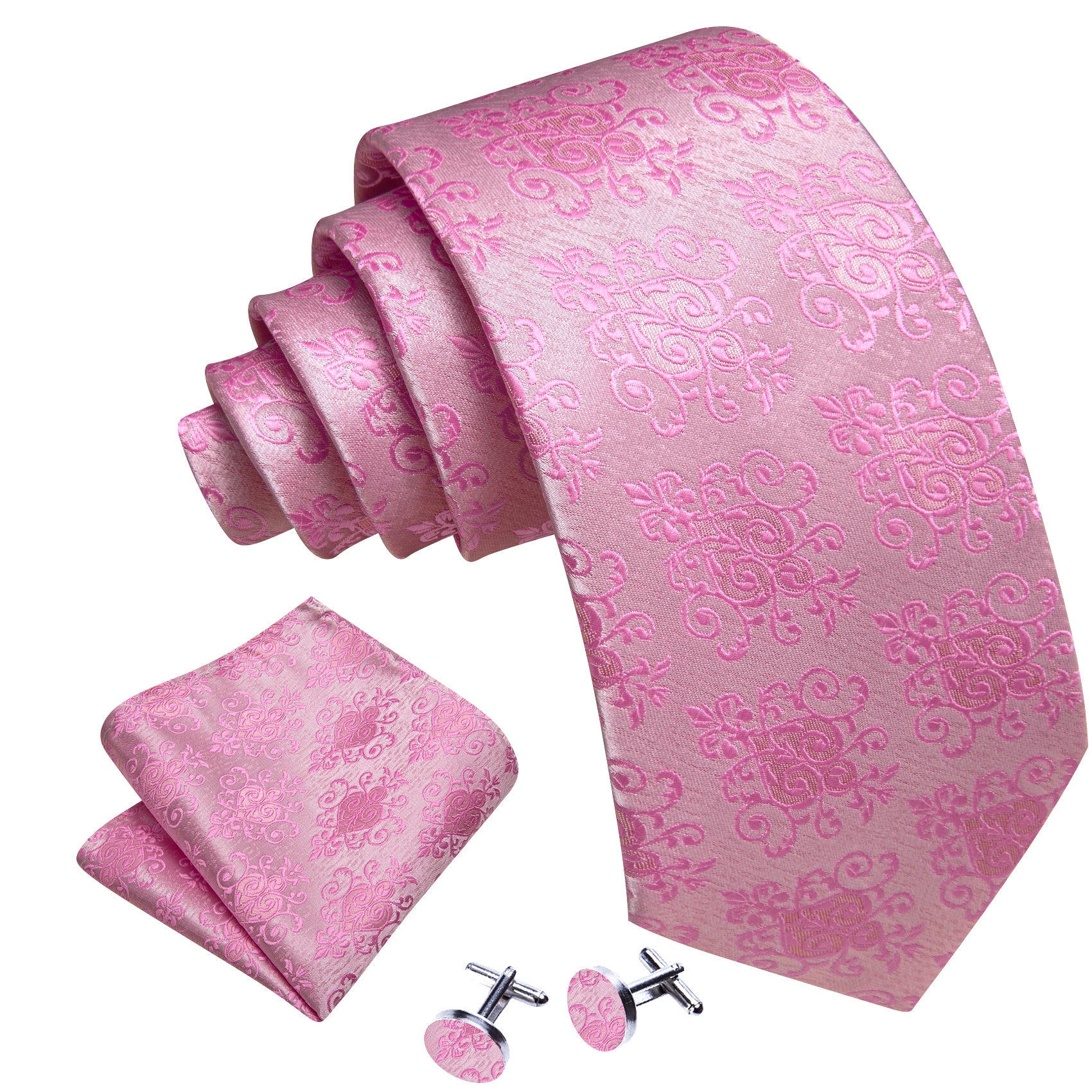 Fashion Pink Floral Silk Tie Handkerchief Cufflinks Set