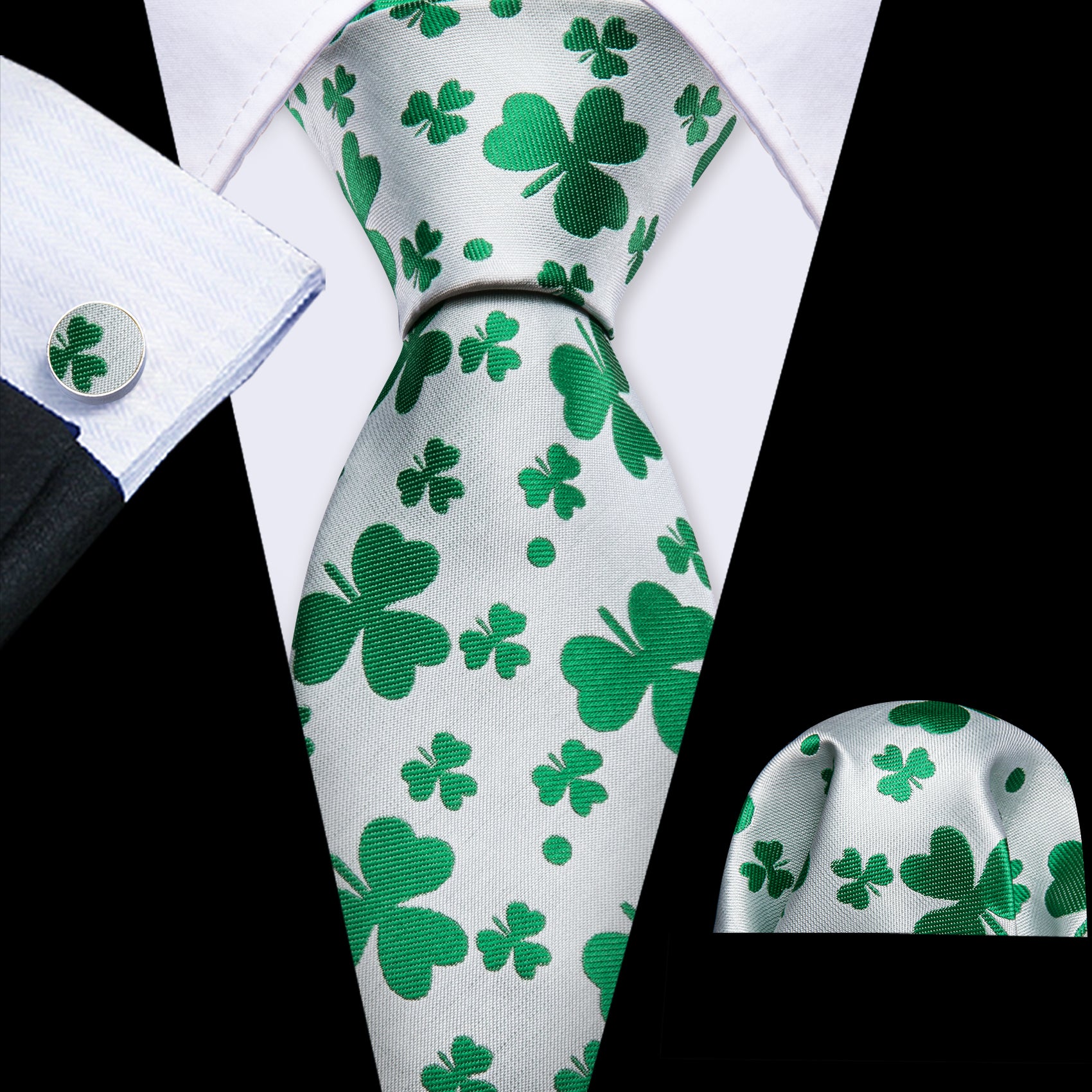Barry Wang White Green Clover Silk Tie Handkerchief Cufflinks Set
