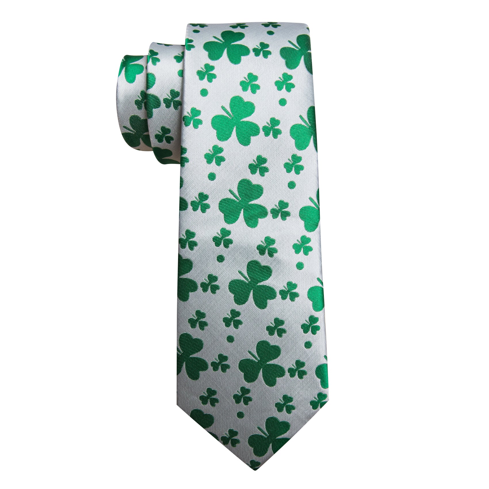 White Green Clover Silk Tie Handkerchief Cufflinks Set