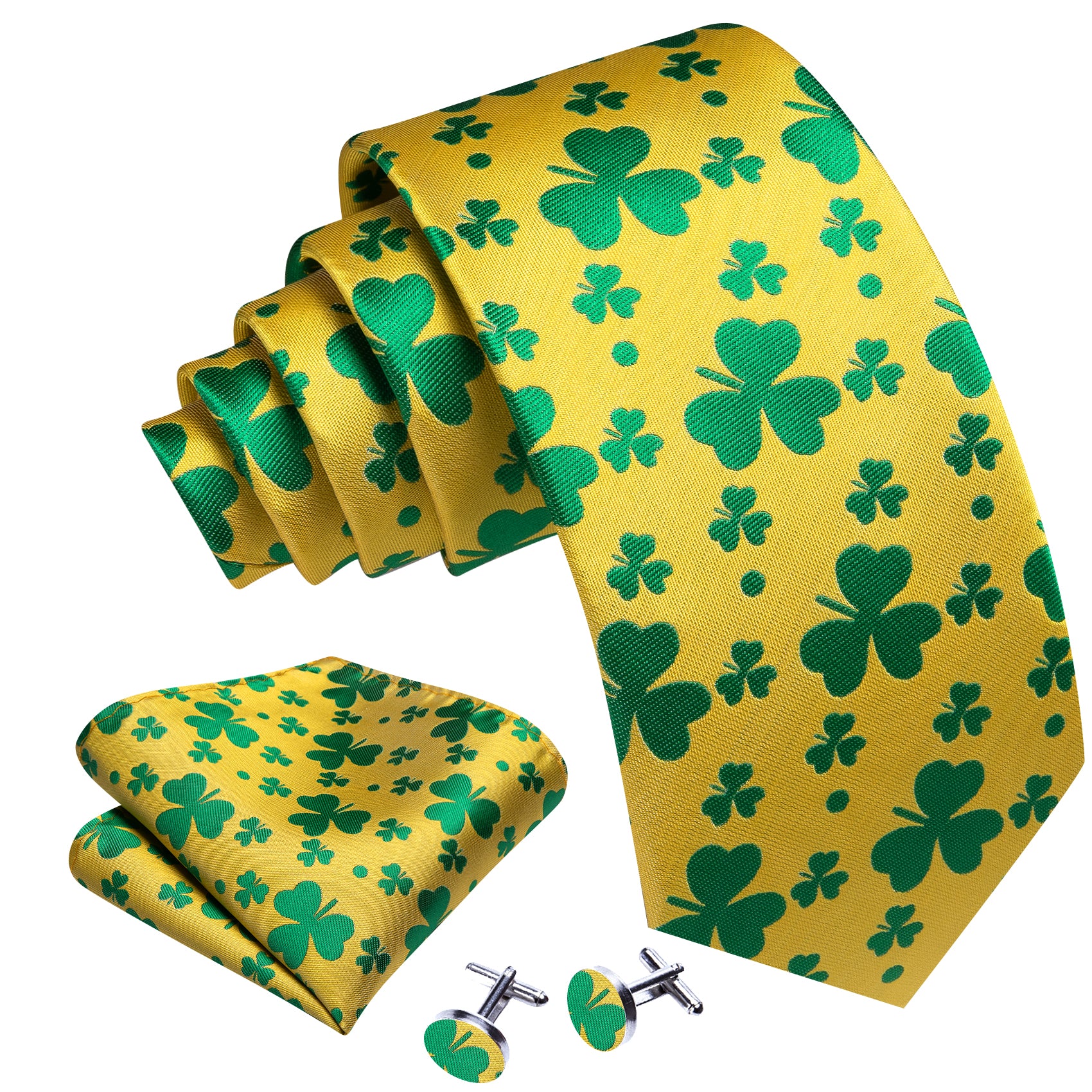 Yellow Green Clover Silk Tie Handkerchief Cufflinks Set