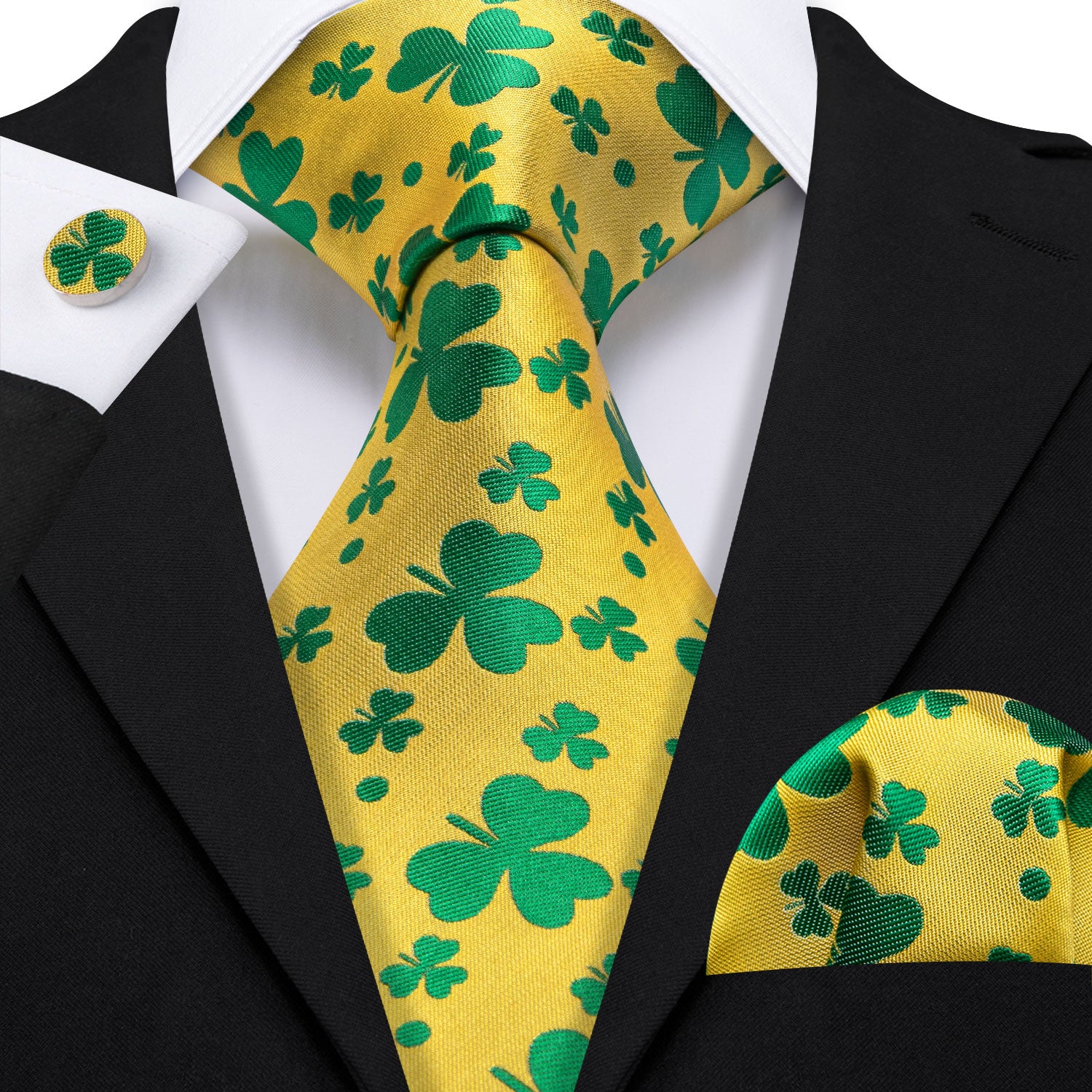 Yellow Green Clover Silk Tie Handkerchief Cufflinks Set