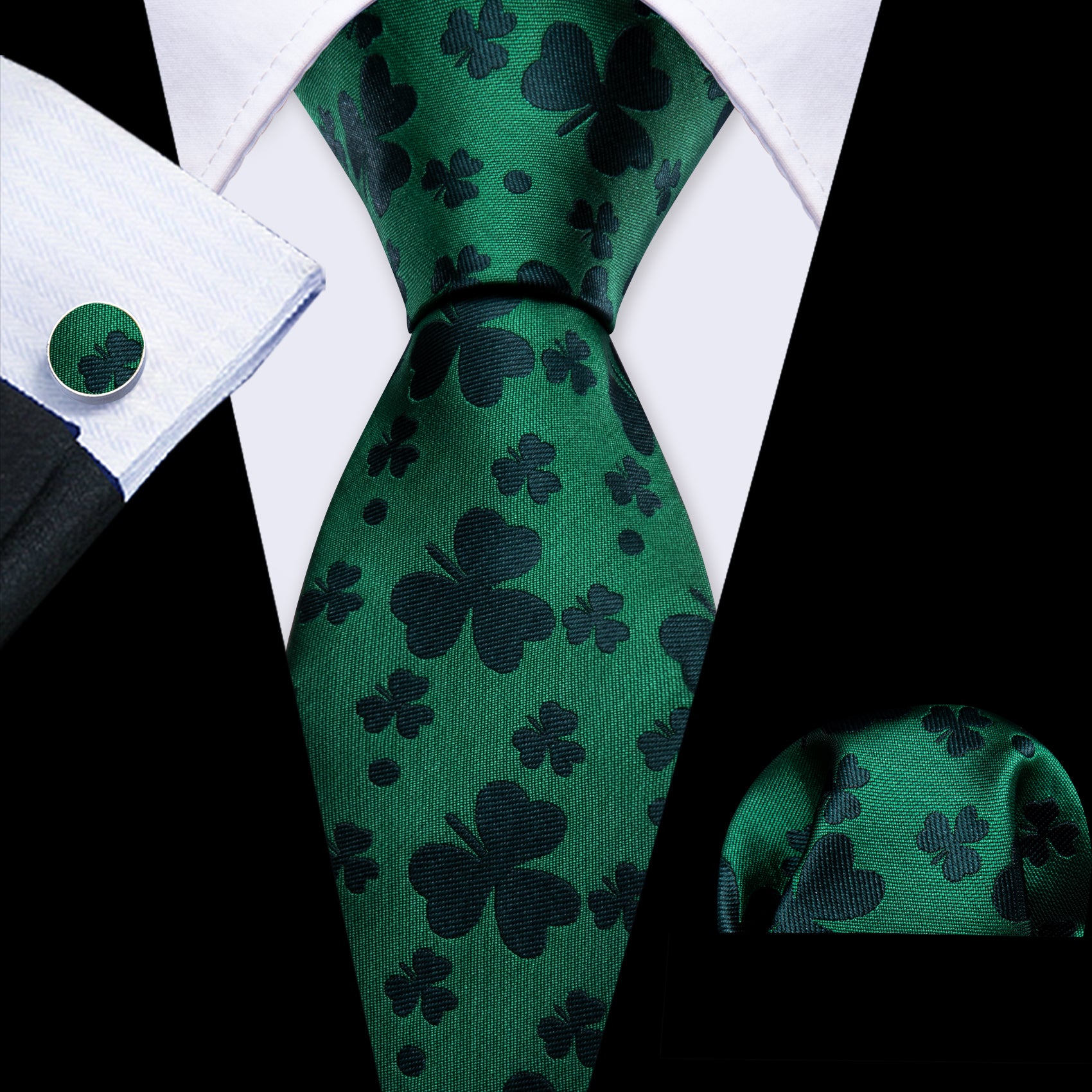 Green Clover Silk Tie Handkerchief Cufflinks Set