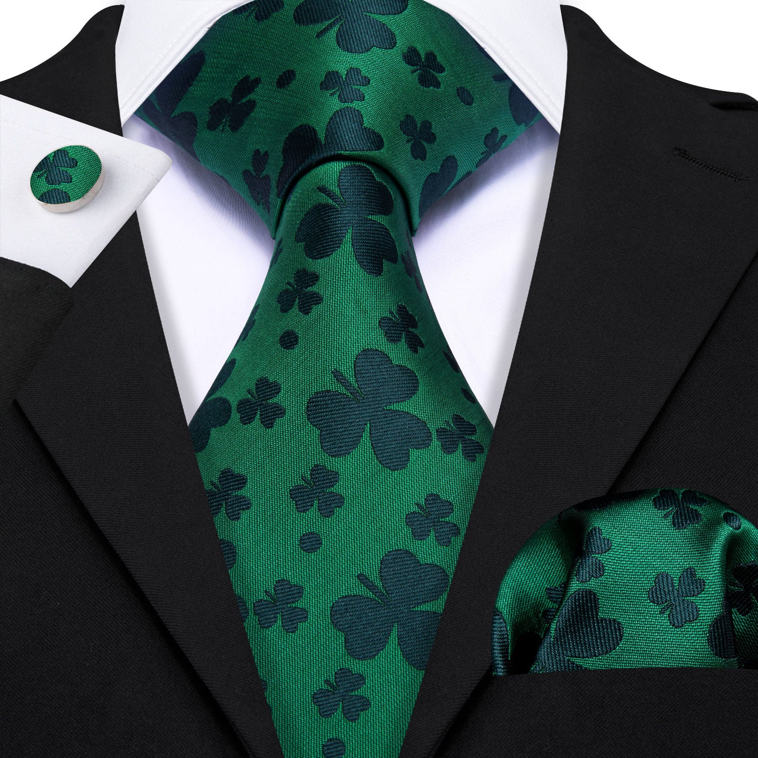 Green Clover Silk Tie Handkerchief Cufflinks Set