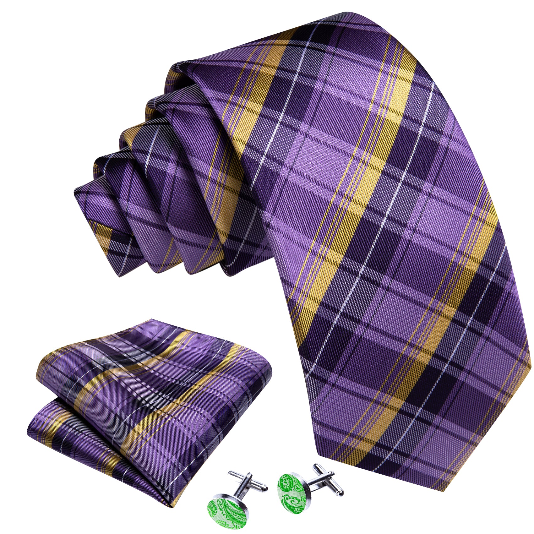 purple yellow plaid white line necktie 