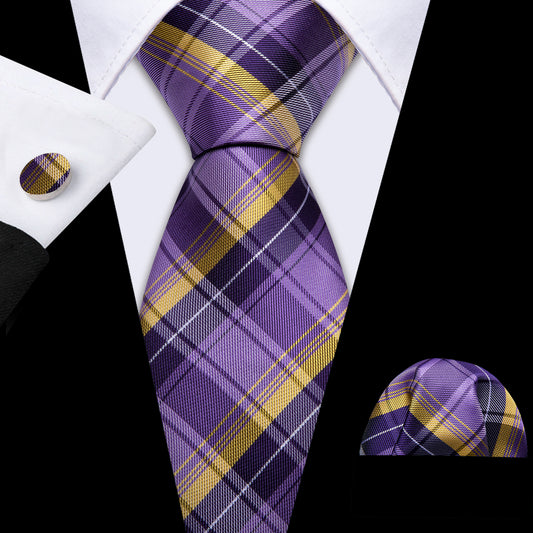 Purple Yellow Striped Silk Tie Handkerchief Cufflinks Set