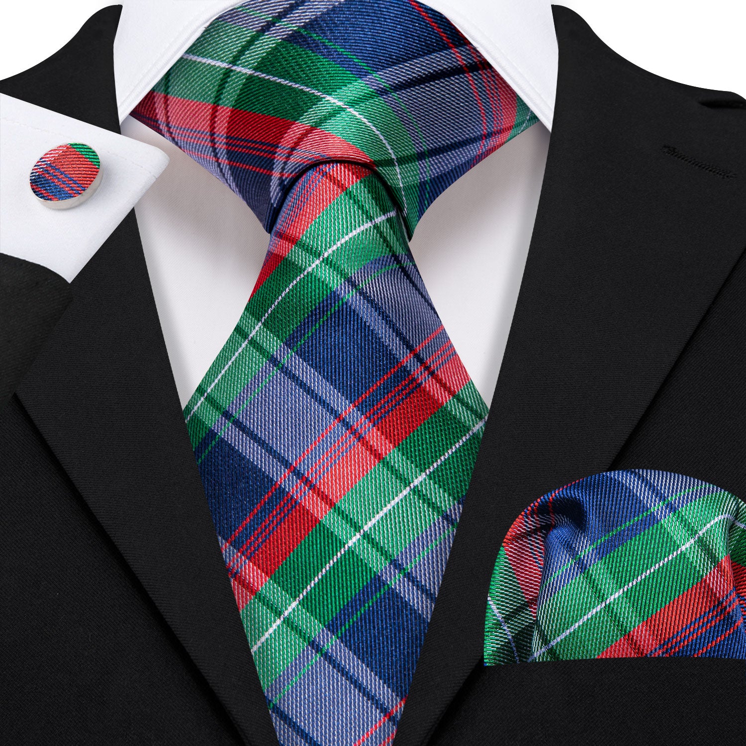 Classy Blue Red Plaid Tie Handkerchief Cufflinks Set