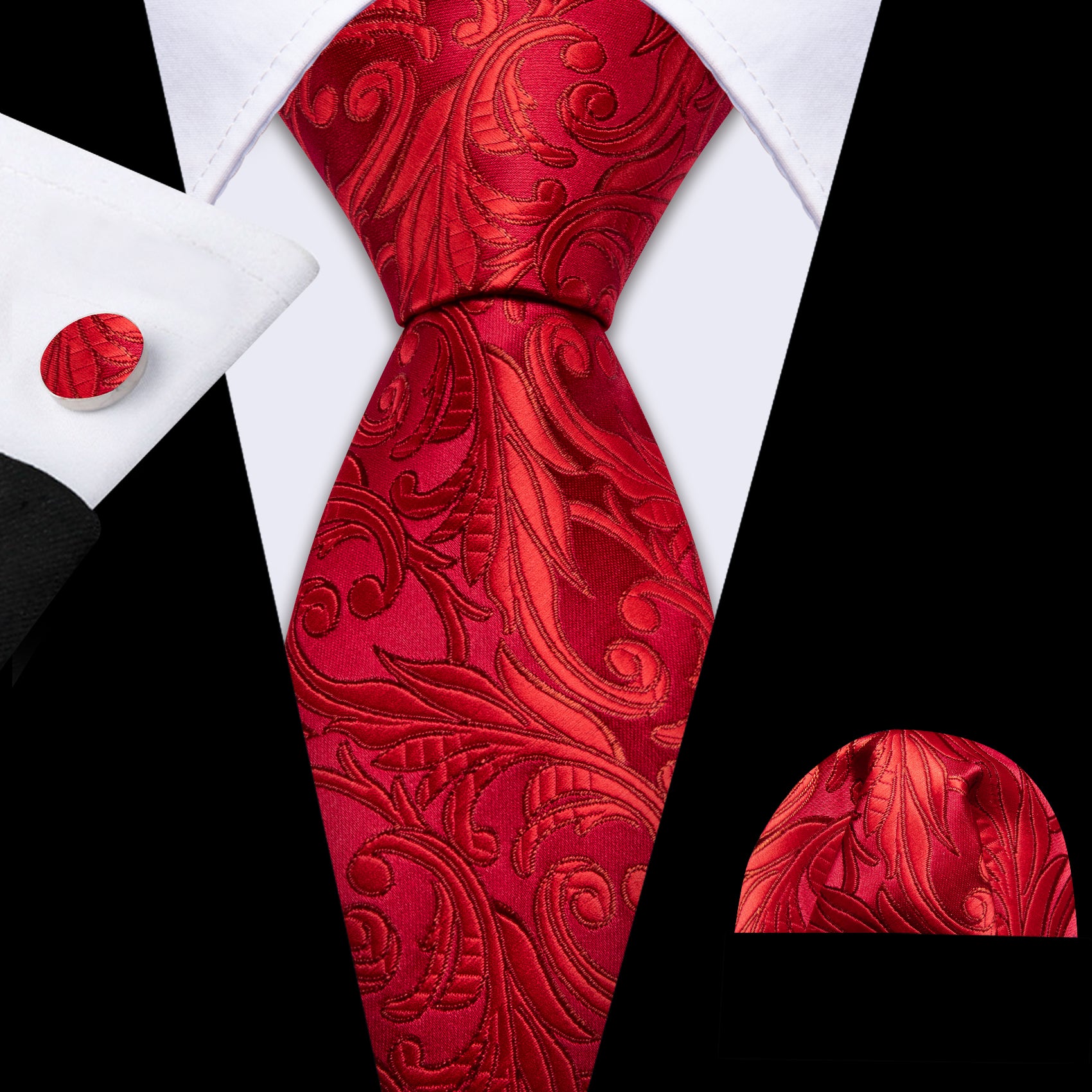 Red Floral Silk Tie Handkerchief Cufflinks Set