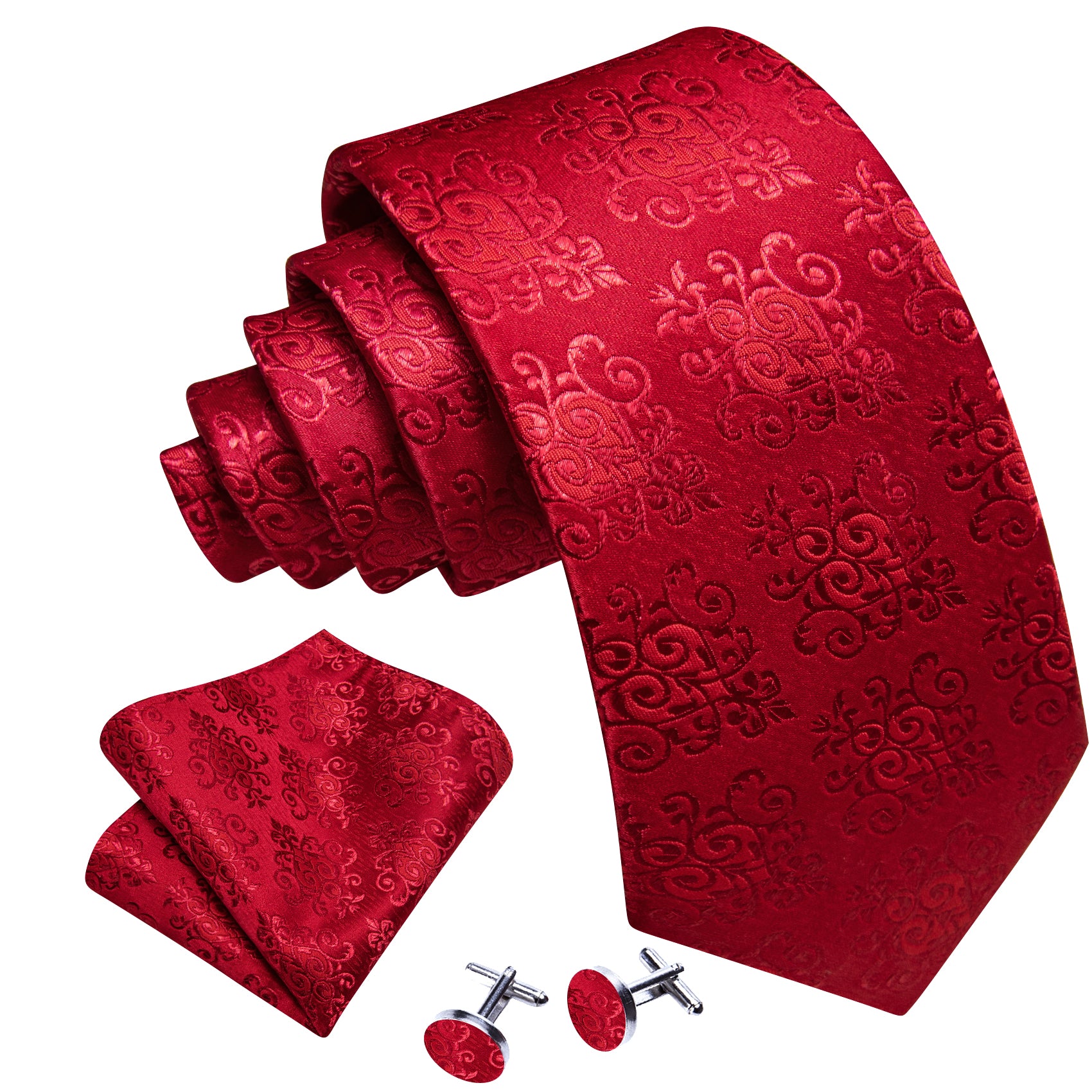 Novetly Red Floral Silk Tie Handkerchief Cufflinks Set
