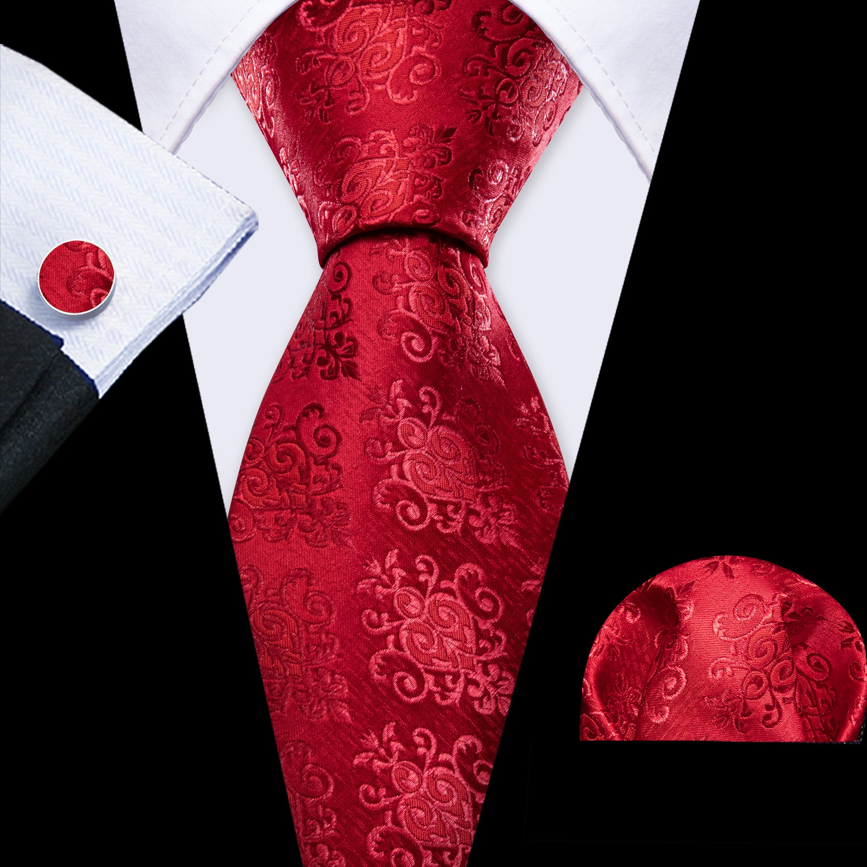 Novetly Red Floral Silk Tie Handkerchief Cufflinks Set