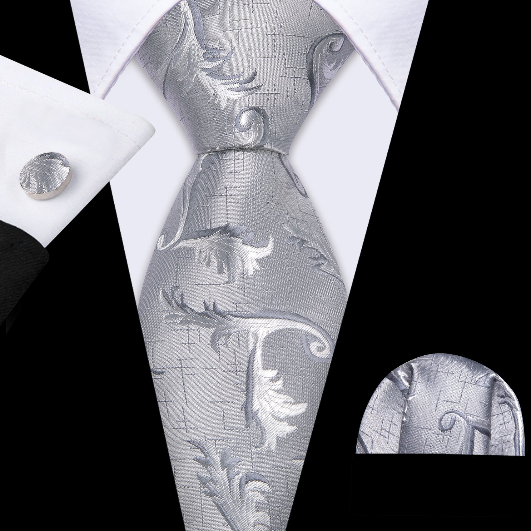 Grey White Floral Silk Tie Handkerchief Cufflinks Set