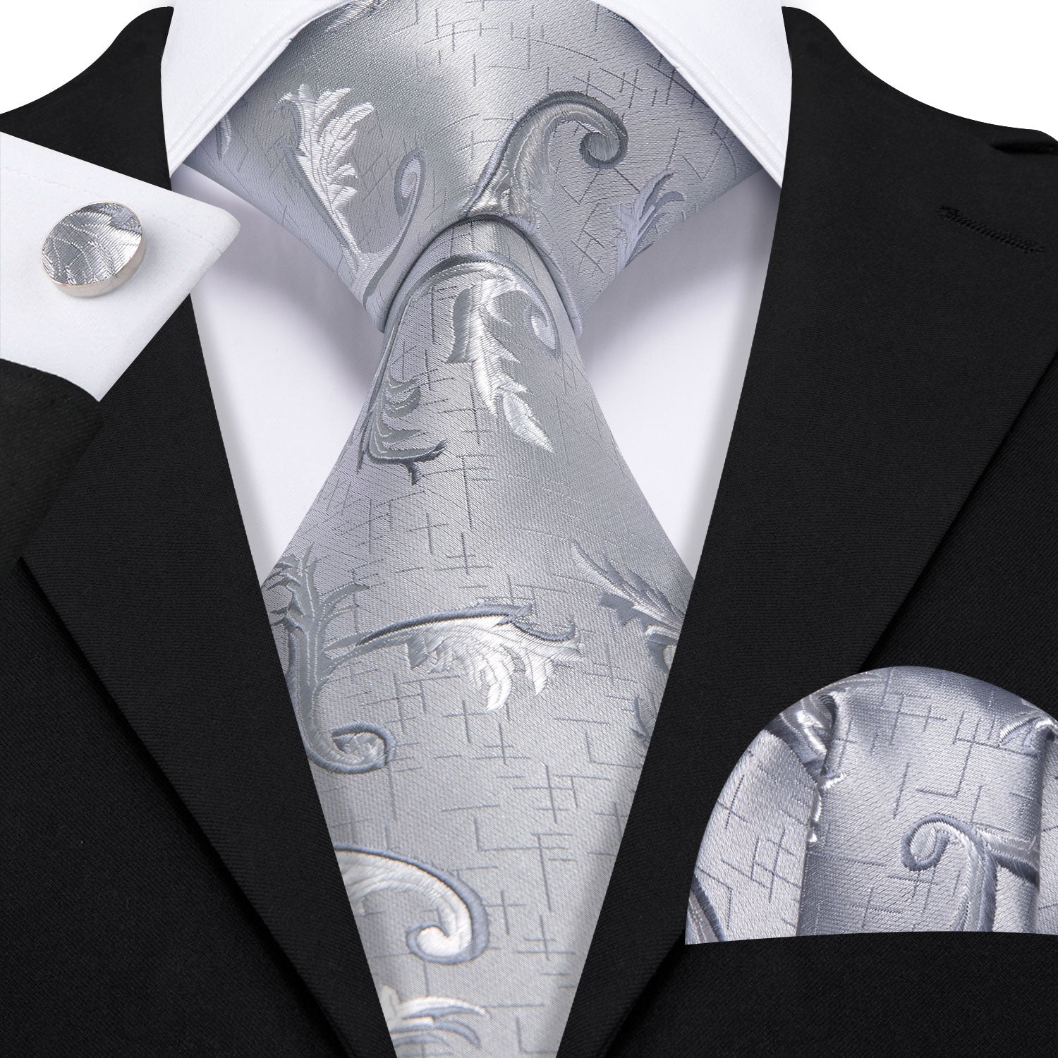 Grey White Floral Silk Tie Handkerchief Cufflinks Set