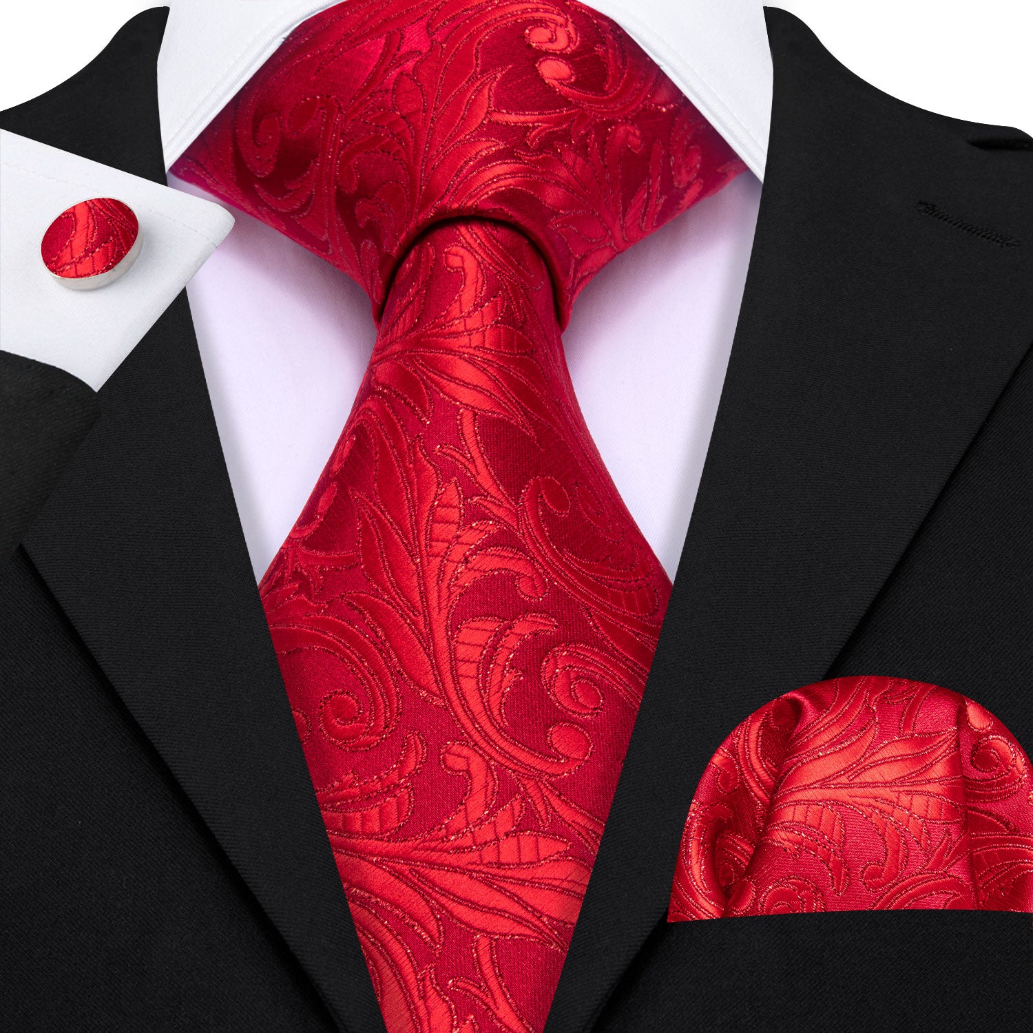Strong Red Floral Silk Tie Handkerchief Cufflinks Set