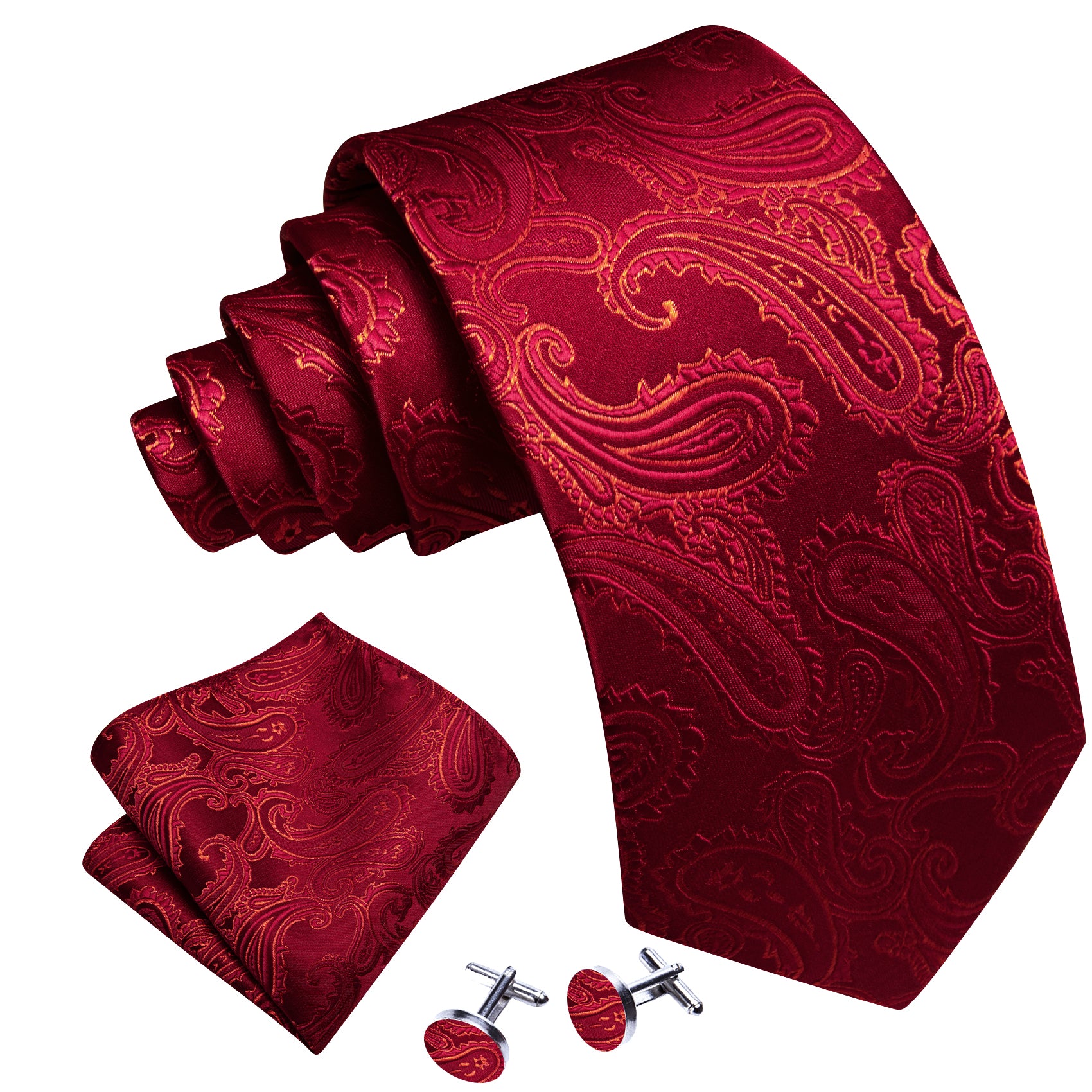 Dark Red Paisley Silk Tie Handkerchief Cufflinks Set