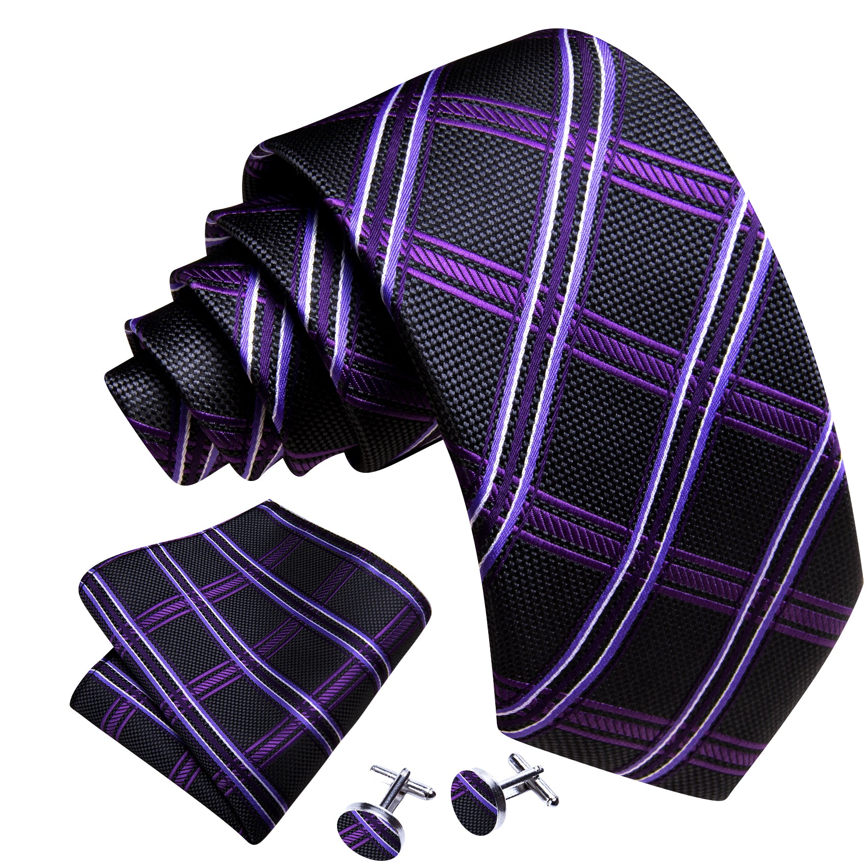 Black Purple Striped Silk Tie Handkerchief Cufflinks Set