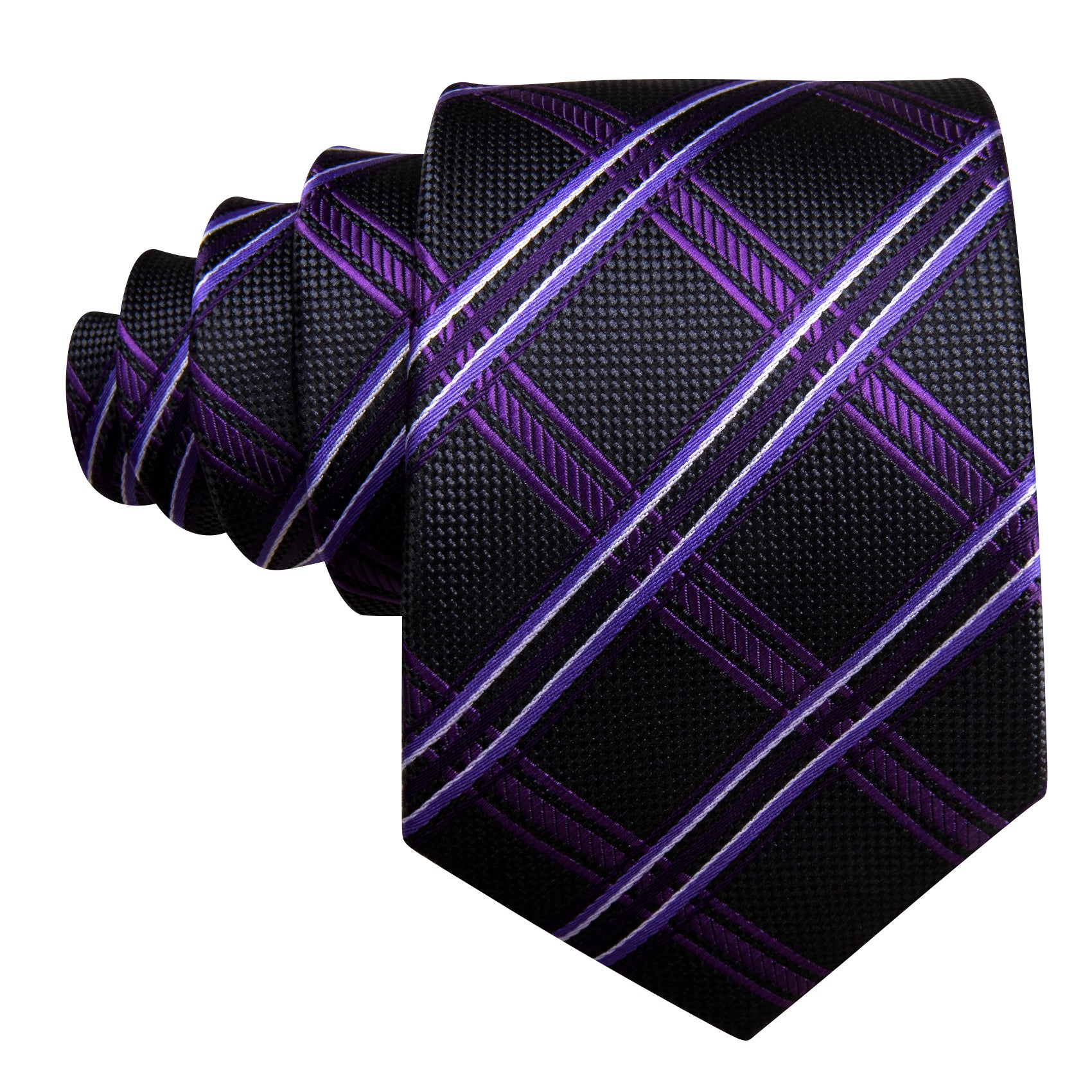 Black Purple Striped Silk Tie Handkerchief Cufflinks Set