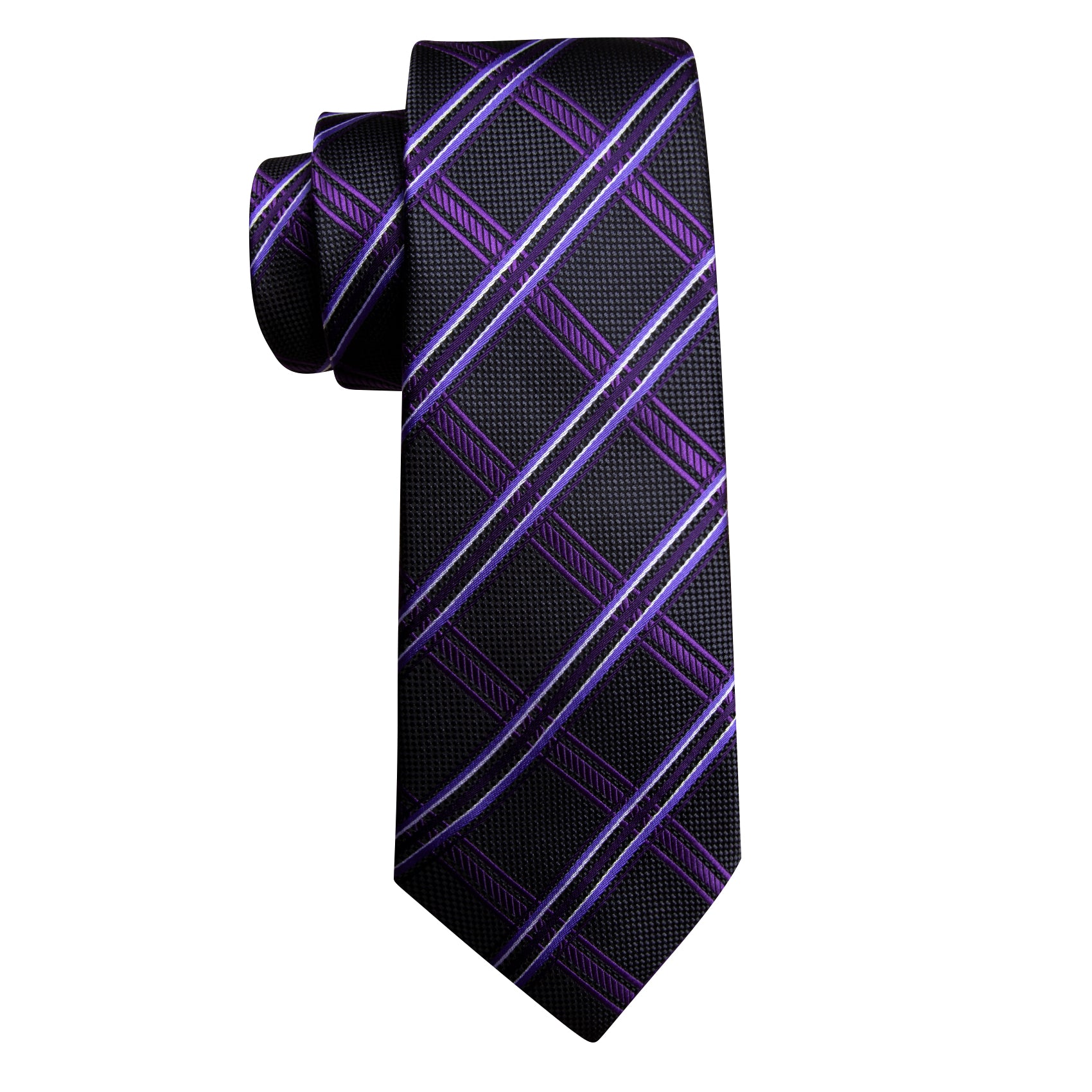 Black Purple Striped Silk Tie Handkerchief Cufflinks Set