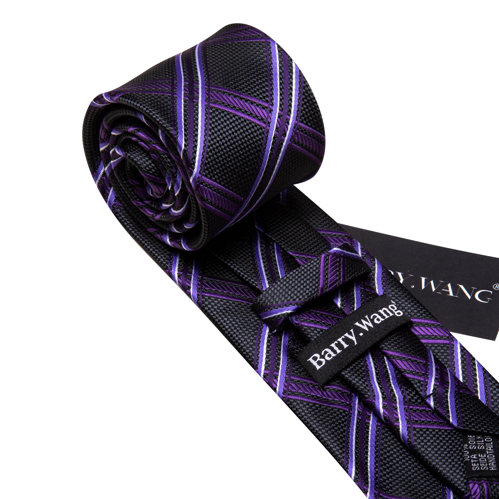 Black Purple Striped Silk Tie Handkerchief Cufflinks Set
