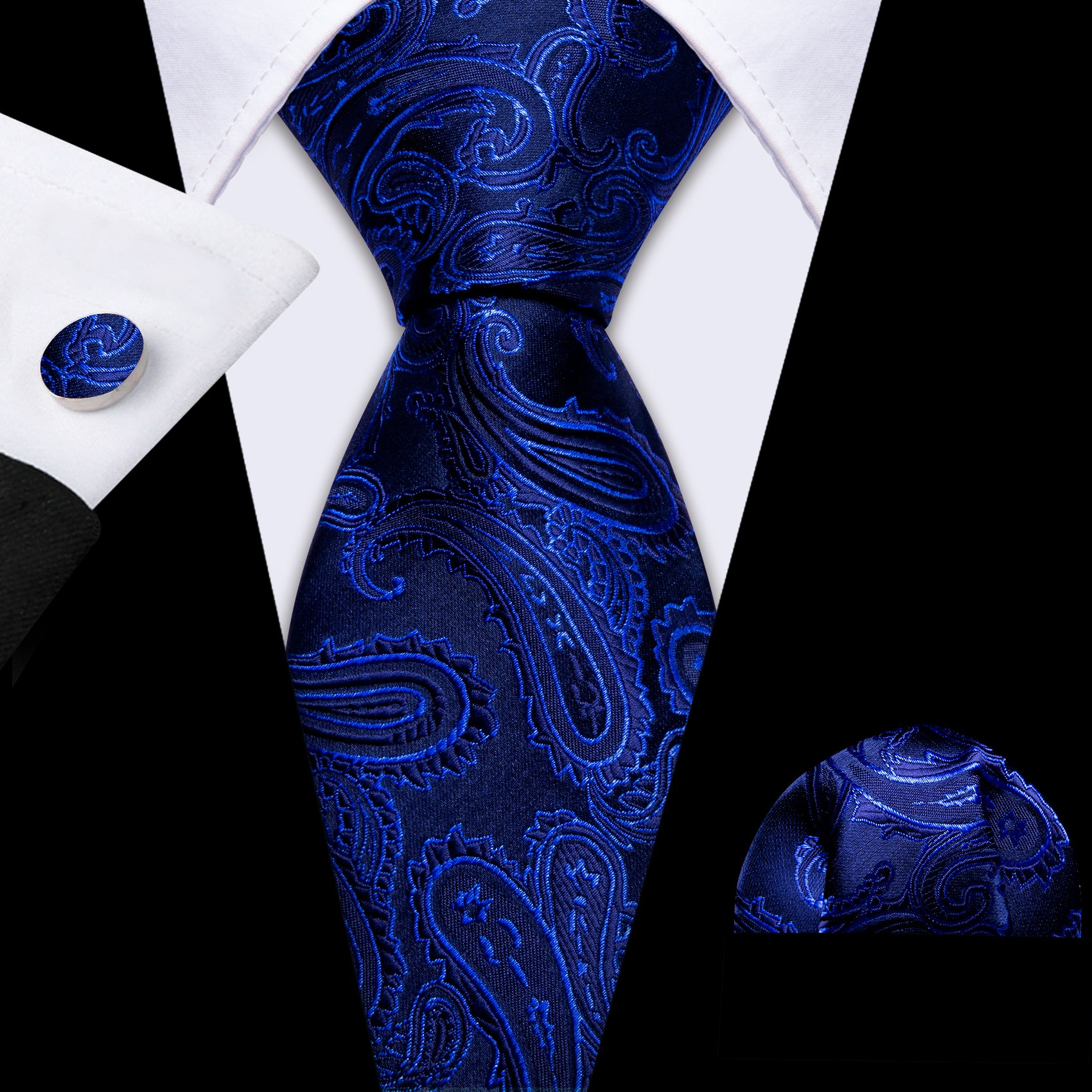 Navy Blue Paisley Silk Tie Handkerchief Cufflinks Set