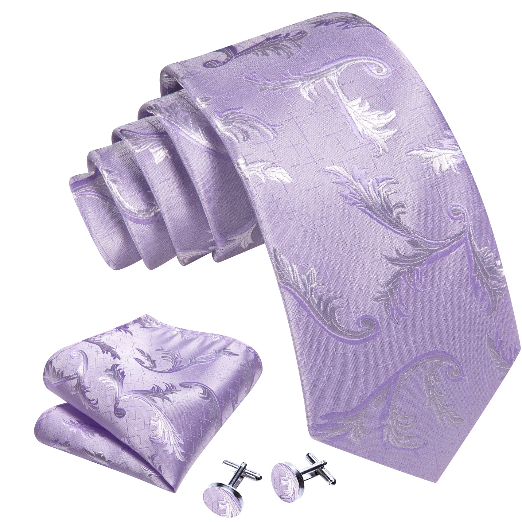 Mist Violet Floral Silk Tie Handkerchief Cufflinks Set