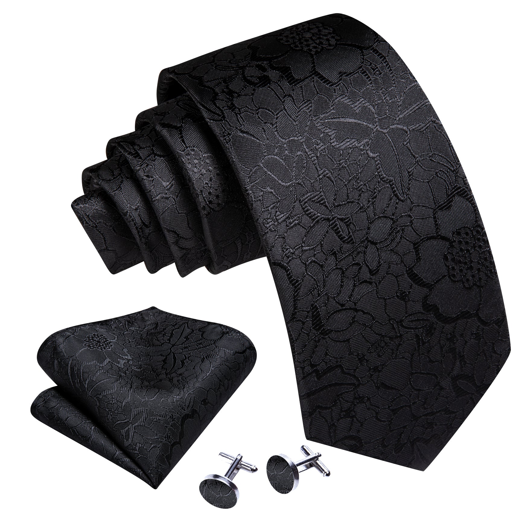 Black Floral Silk Tie Handkerchief Cufflinks Set