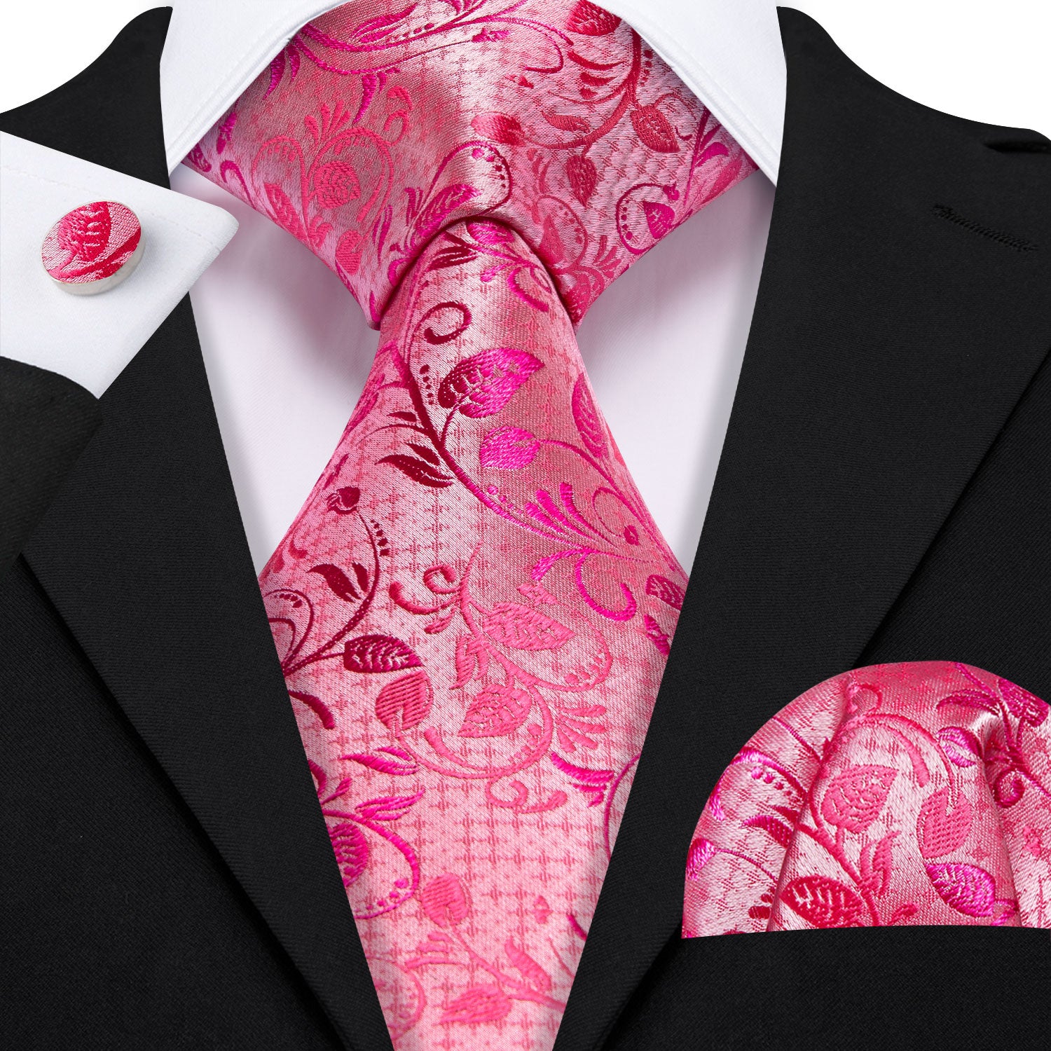 Barry.Wang Pink Tie Red Lilac Floral Men's Silk Tie Hanky Cufflinks Set