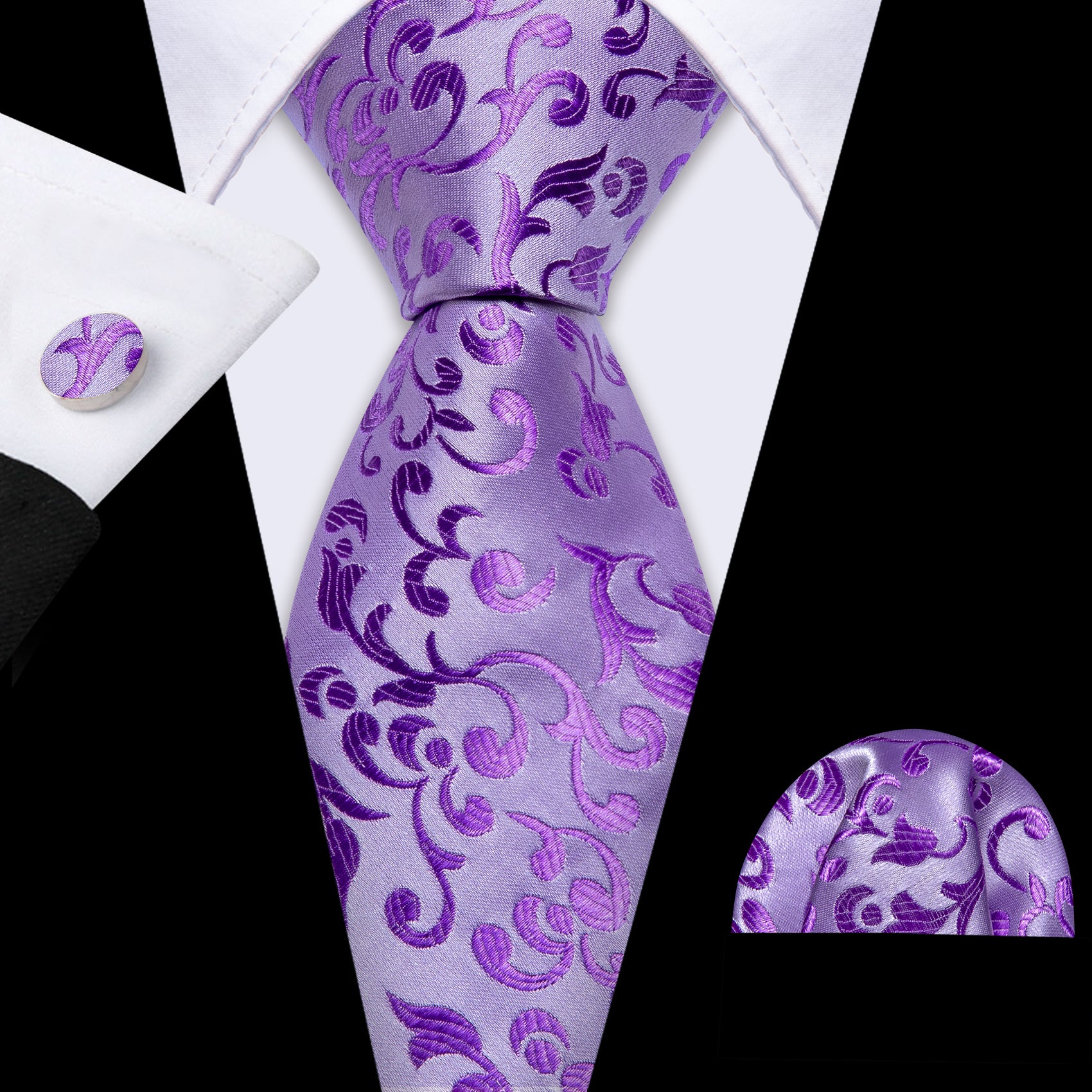 Purple Floral Silk Tie Pocket Square Cufflinks Set