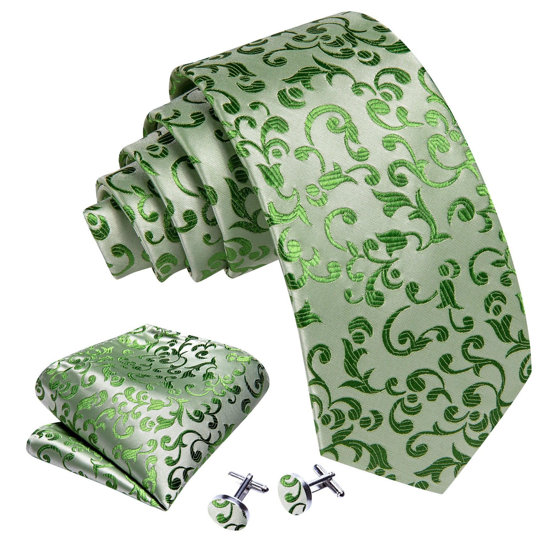 Green Floral Silk Tie Pocket Square Cufflinks Set