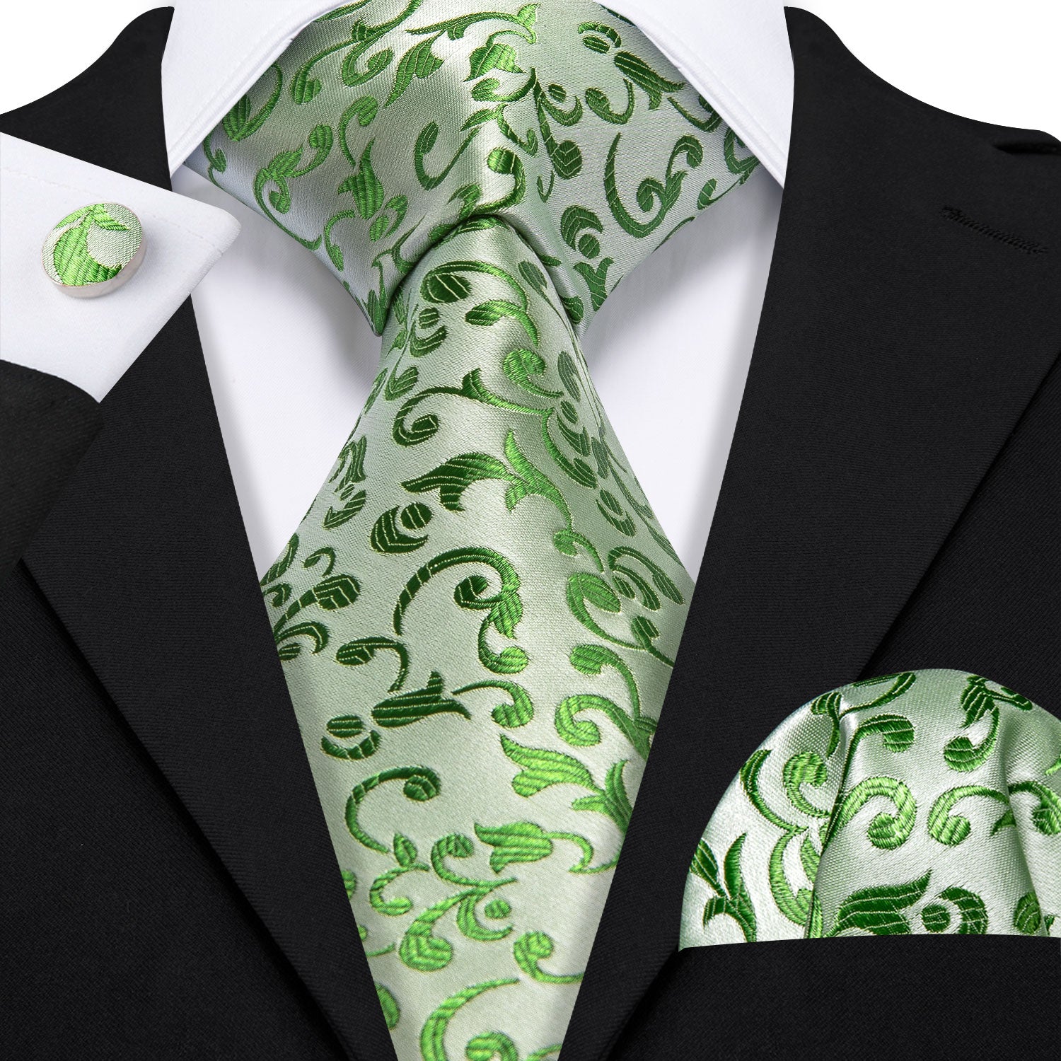 Barry Wang Green Floral Silk Tie Pocket Square Cufflinks Set