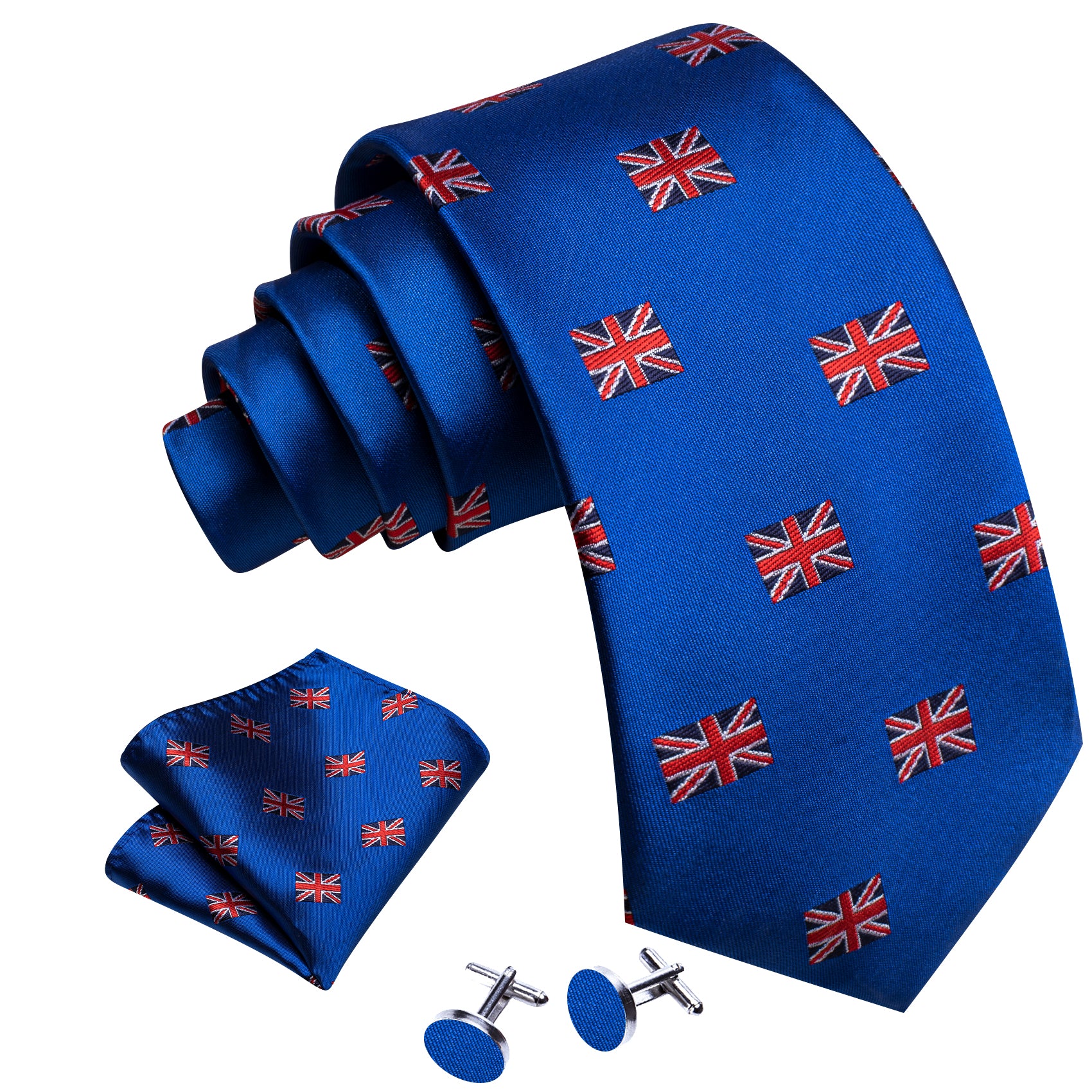 Cerulean Blue Red Floral Silk Tie Pocket Square Cufflinks Set