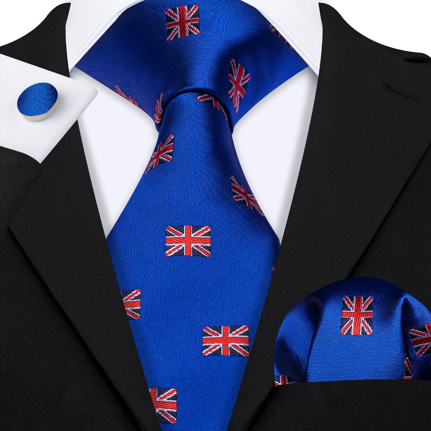 Cerulean Blue Floral Silk Barry Wang Tie Pocket Square Cufflinks Set