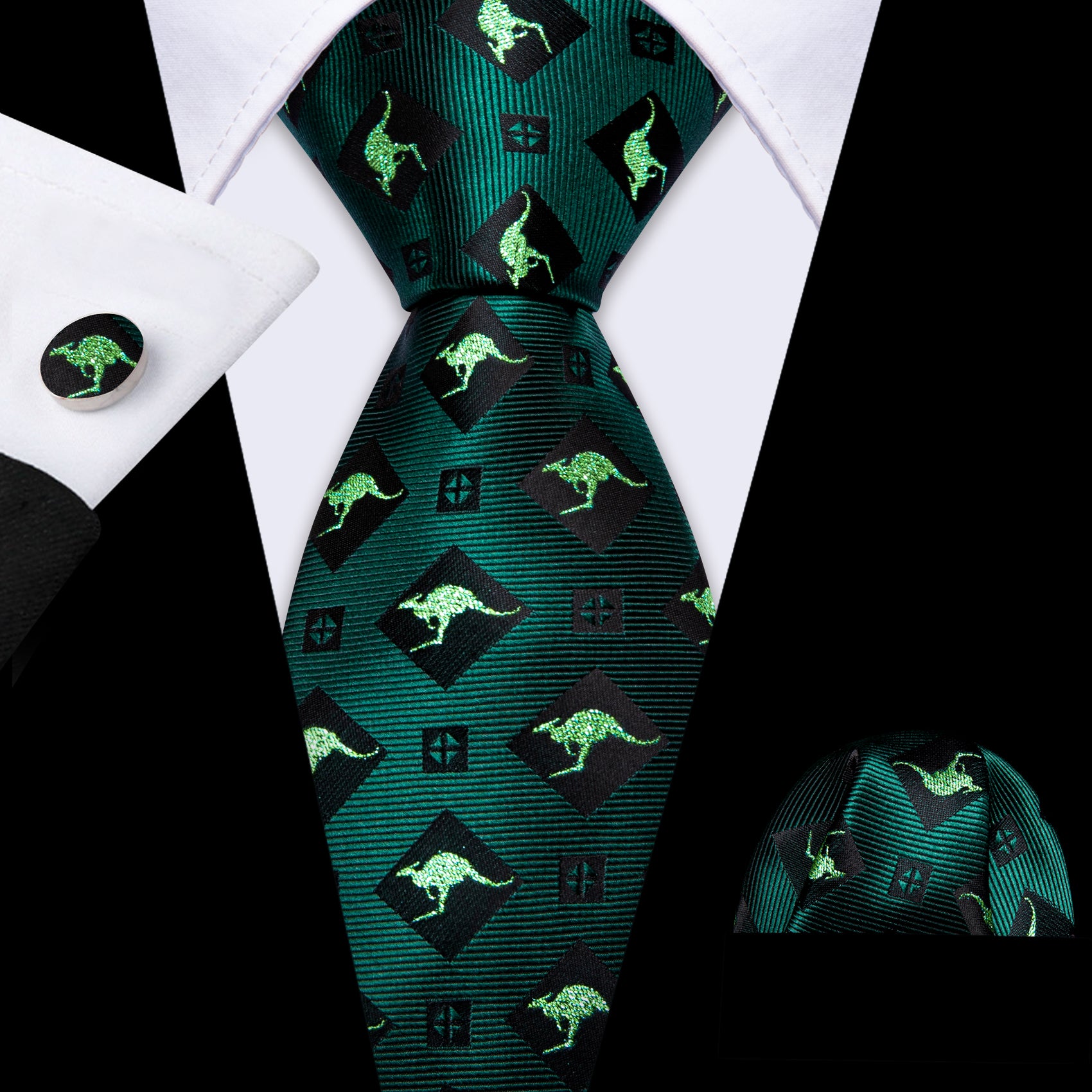 Barry Wang Green Tie Black Kangaroo Floral Silk Men's Tie Hanky Cufflinks Set