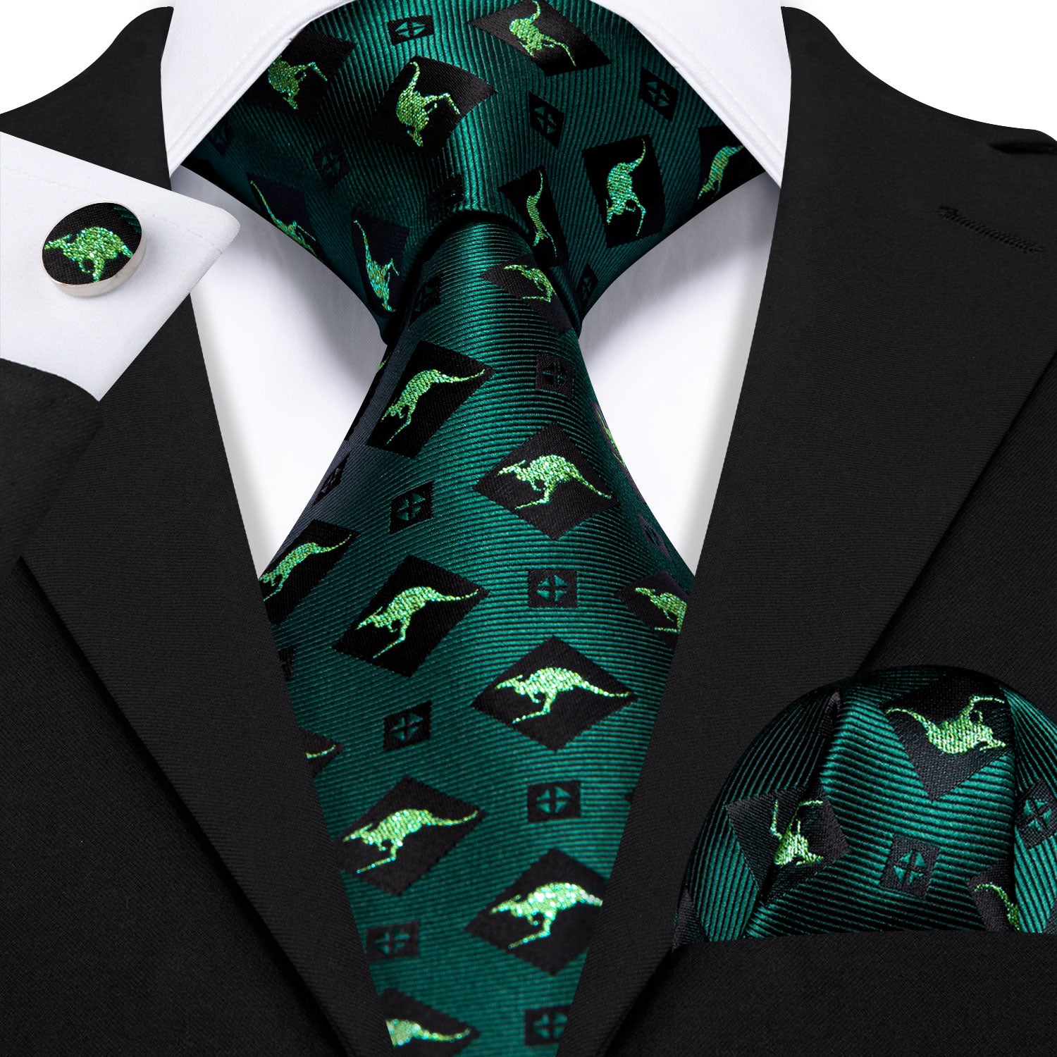 Barry Wang Green Tie Black Kangaroo Floral Silk Men's Tie Hanky Cufflinks Set