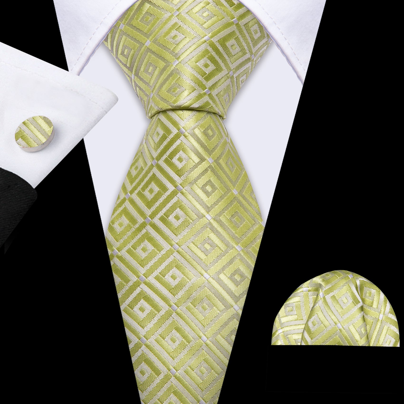 Barry Wang Novetly Yellow Green Plaid Silk Tie Handkerchief Cufflinks Set
