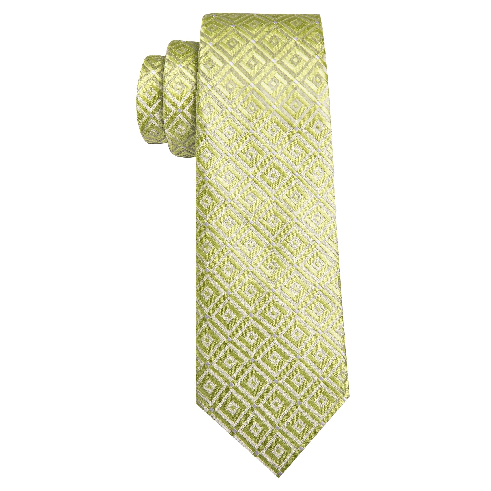 Barry Wang Novetly Yellow Green Plaid Silk Tie Handkerchief Cufflinks Set