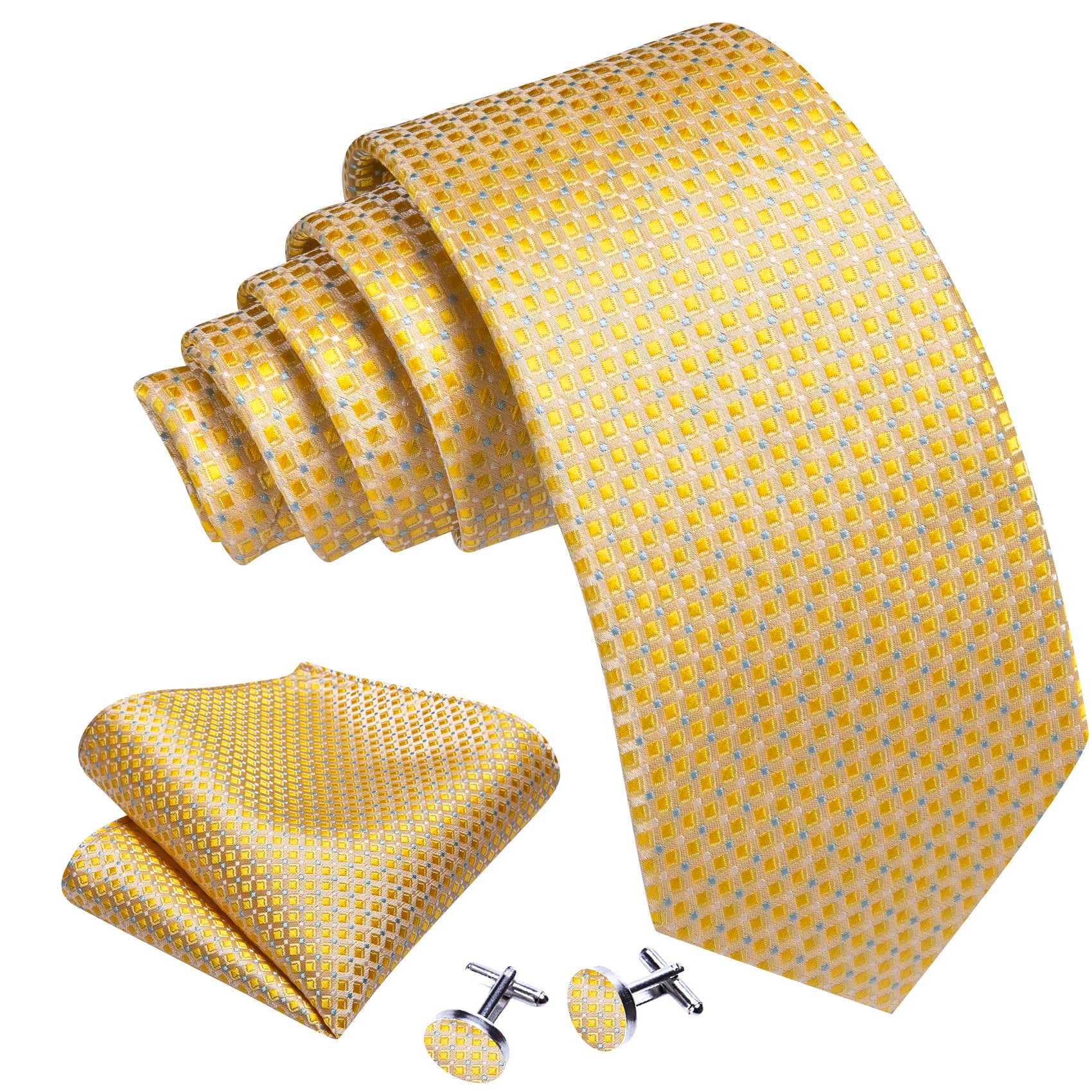 Novetly Gold Plaid Silk Tie Handkerchief Cufflinks Set