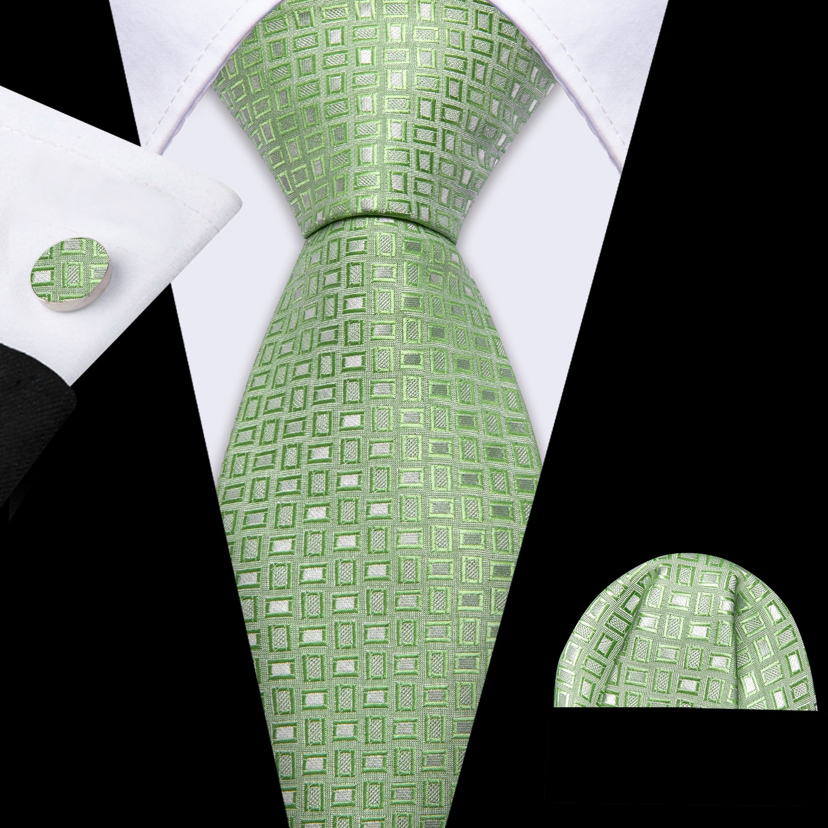 Barry Wang Green Plaid Silk Tie Pocket Square Cufflinks Set