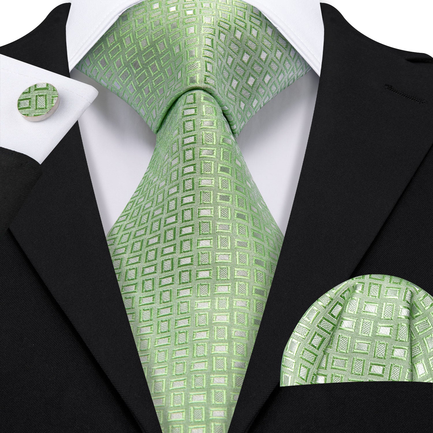 Barry Wang Green Plaid Silk Tie Pocket Square Cufflinks Set